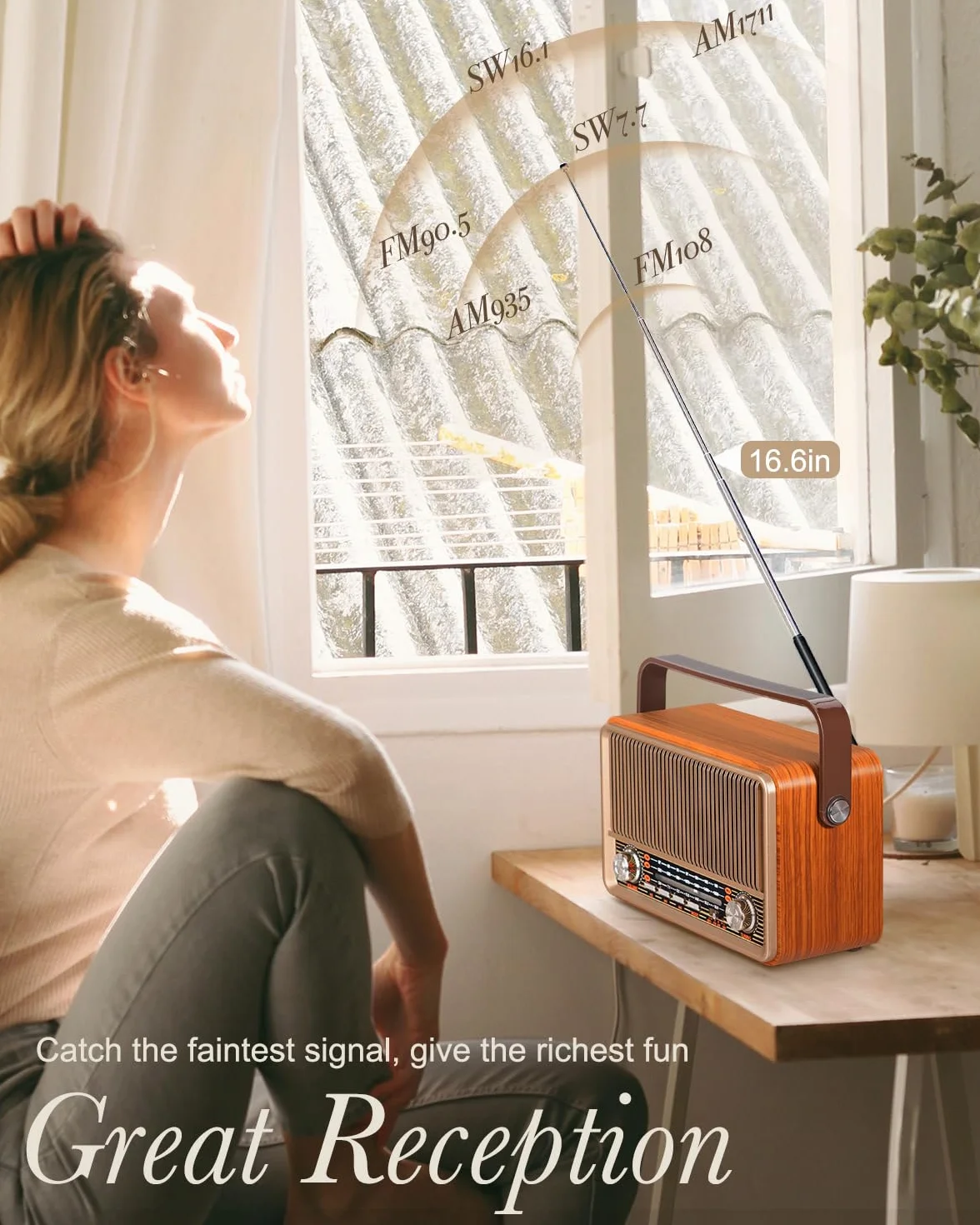 PRUNUS J-120 AM/FM/SW retro małe radio z akumulatorem 1800 mAh lub prądem AC, kuchenne, nostalgiczne z Bluetooth, obsługuje USB/TF/AUX, proste dla seniorów.