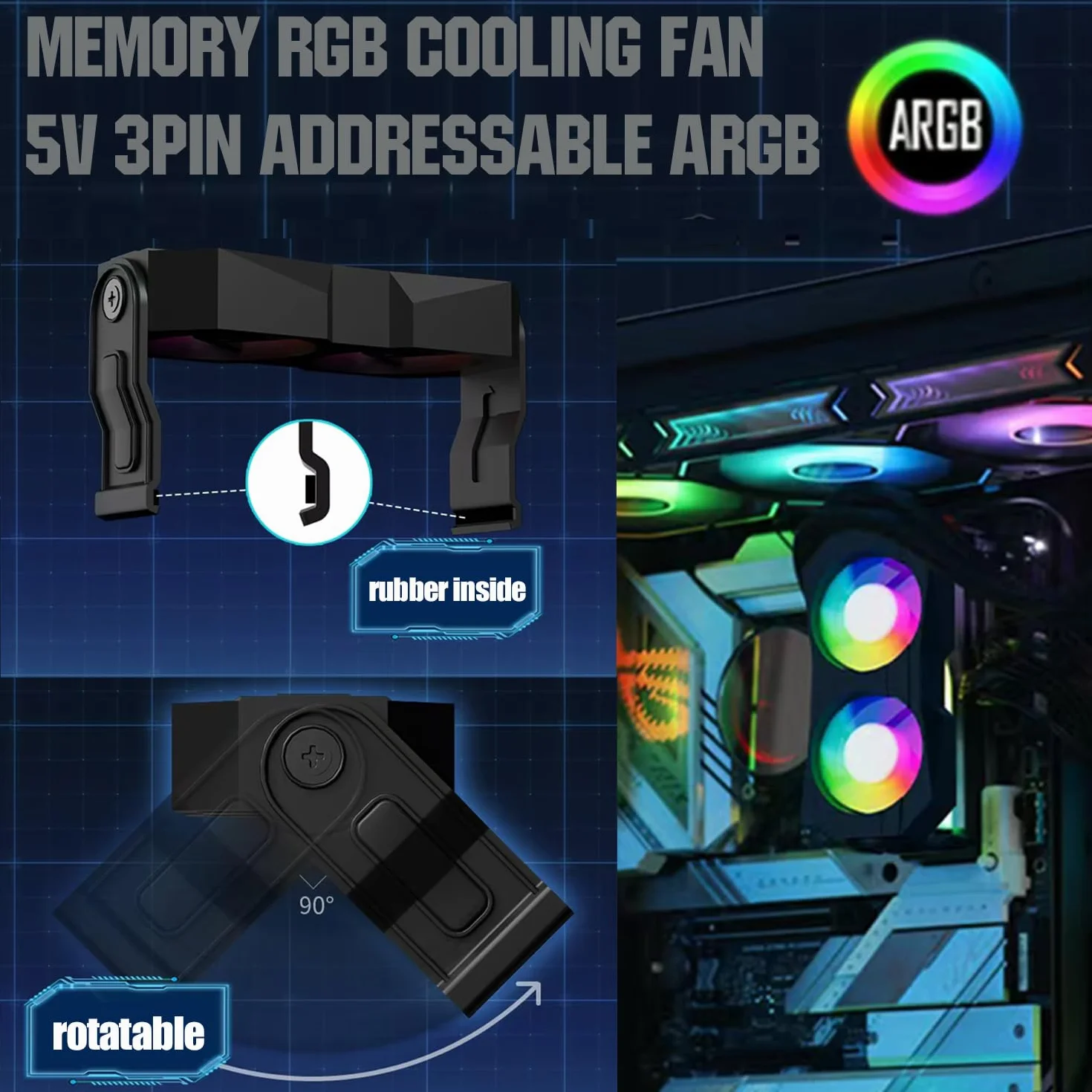 Komputer Memory Ram Radiator Plastikowy radiator ram wentylator chłodzący z dwoma obrotowymi wentylatorami PC 60 mm 4-pinowy PWM i 5V 3PIN ARGB ram wentylator chłodzący do modułu pamięci (czarny)