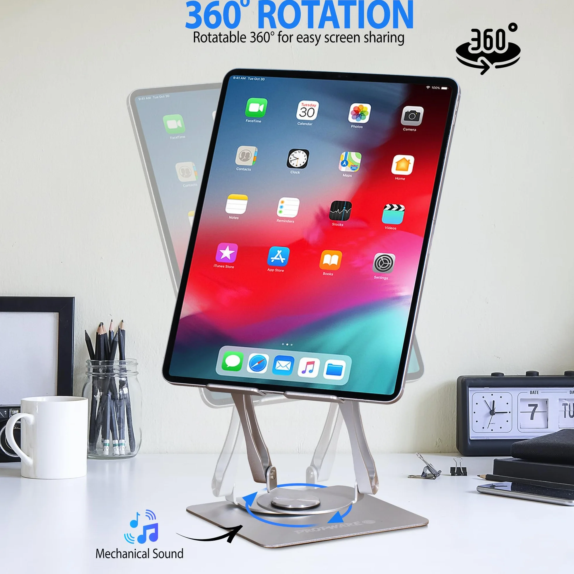 Aluminiowy tablet, telefon, przenośna konsola do gier o przekątnej do 15 cali z obrotową podstawą 360°, ergonomicznie regulowana, składana, idealna do kuchni lub biurka (srebrny)
