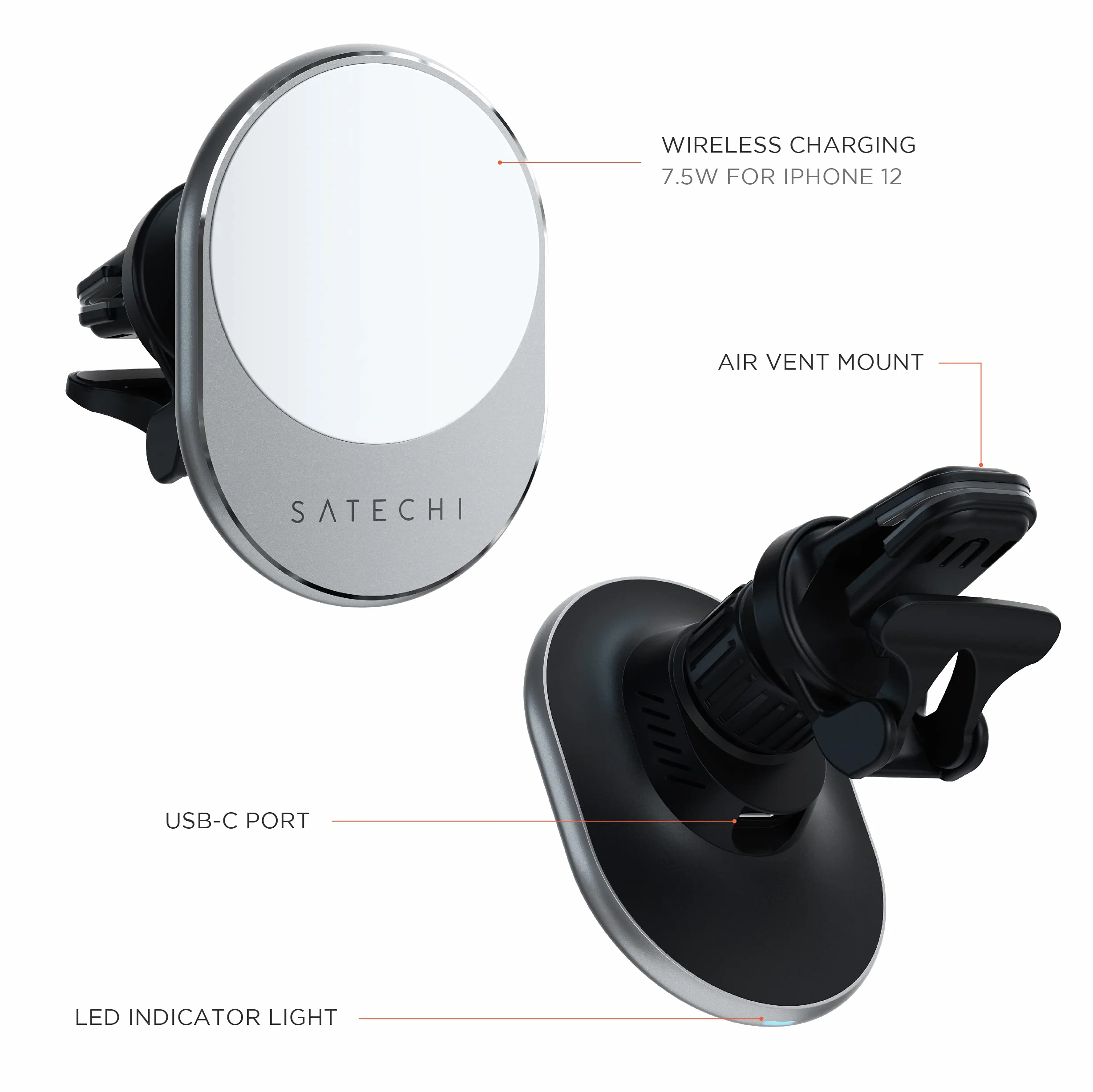 SATECHI magnetyczna ładowarka samochodowa Qi 7,5 W | Mocowanie do kratki wentylacyjnej, ładowanie bezprzewodowe do modeli iPhone’a 12–17