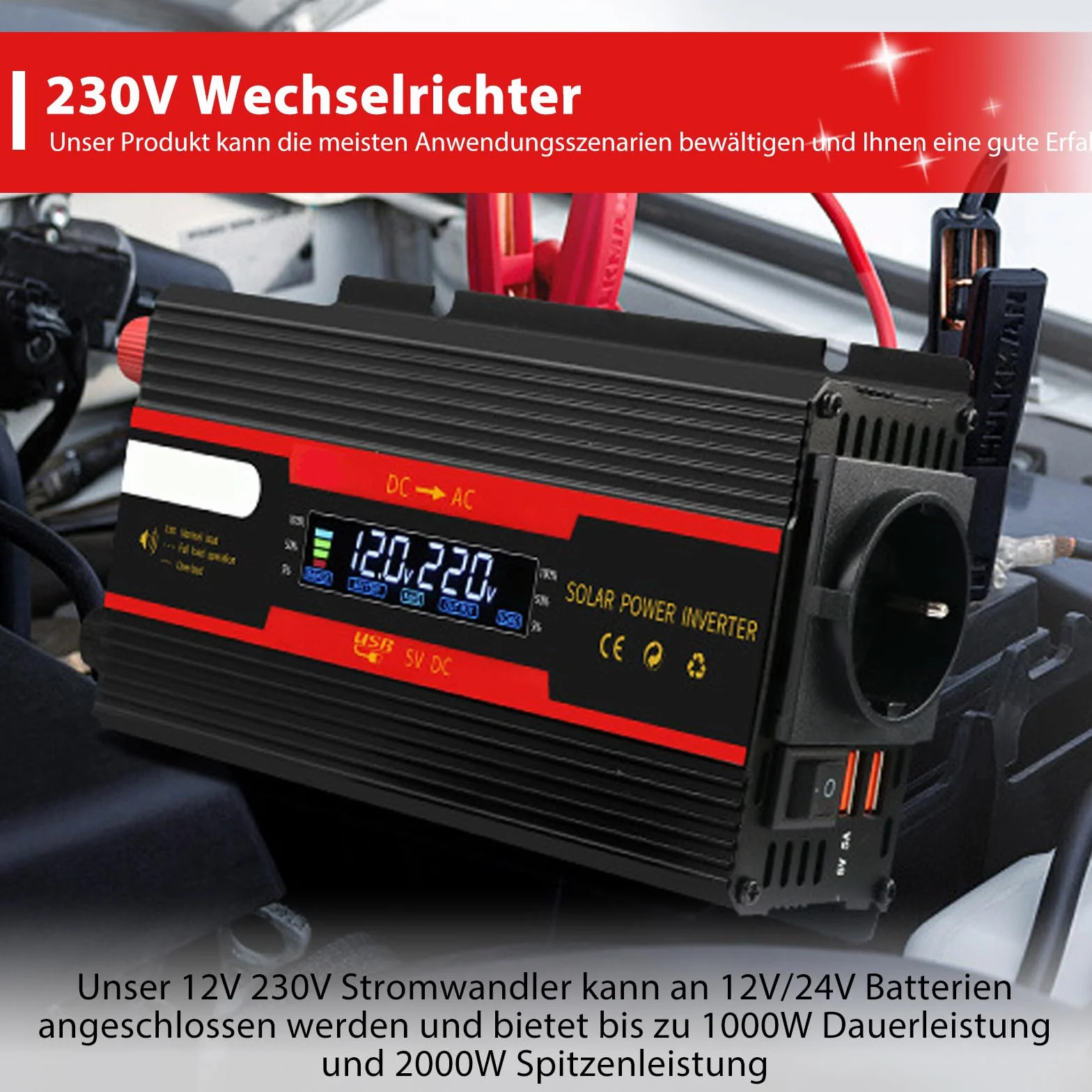 Przetwornica napięcia DC 12 V/24 V na AC 230 V, zmodyfikowana fala sinusoidalna, 2000 W, z wtyczkami UE, 2 USB i wyświetlaczem LCD, adapter do samochodu, ciężarówki, przyczepy kempingowej