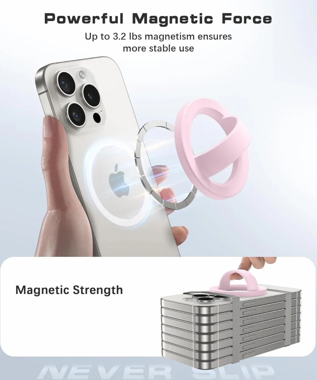 NEO+ Magnetyczny uchwyt na telefon kompatybilny z MagSafe, uchwyt na telefon kompatybilny z iPhone'ami i dowolnymi etui na telefony. Fioletowy silikon.