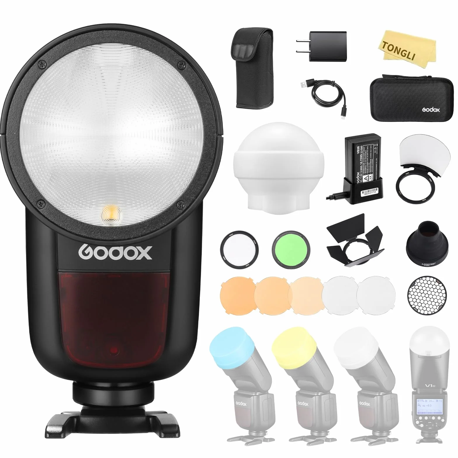 Godox Zestaw V1-S TTL okrągła głowica lampy błyskowej, lampa błyskowa 2,4G 1/8000 HSS Speedlite 76 W z baterią i akcesoriami GODOX AK-R1, głowica Speedlight kompatybilna z lustrzanką Sony