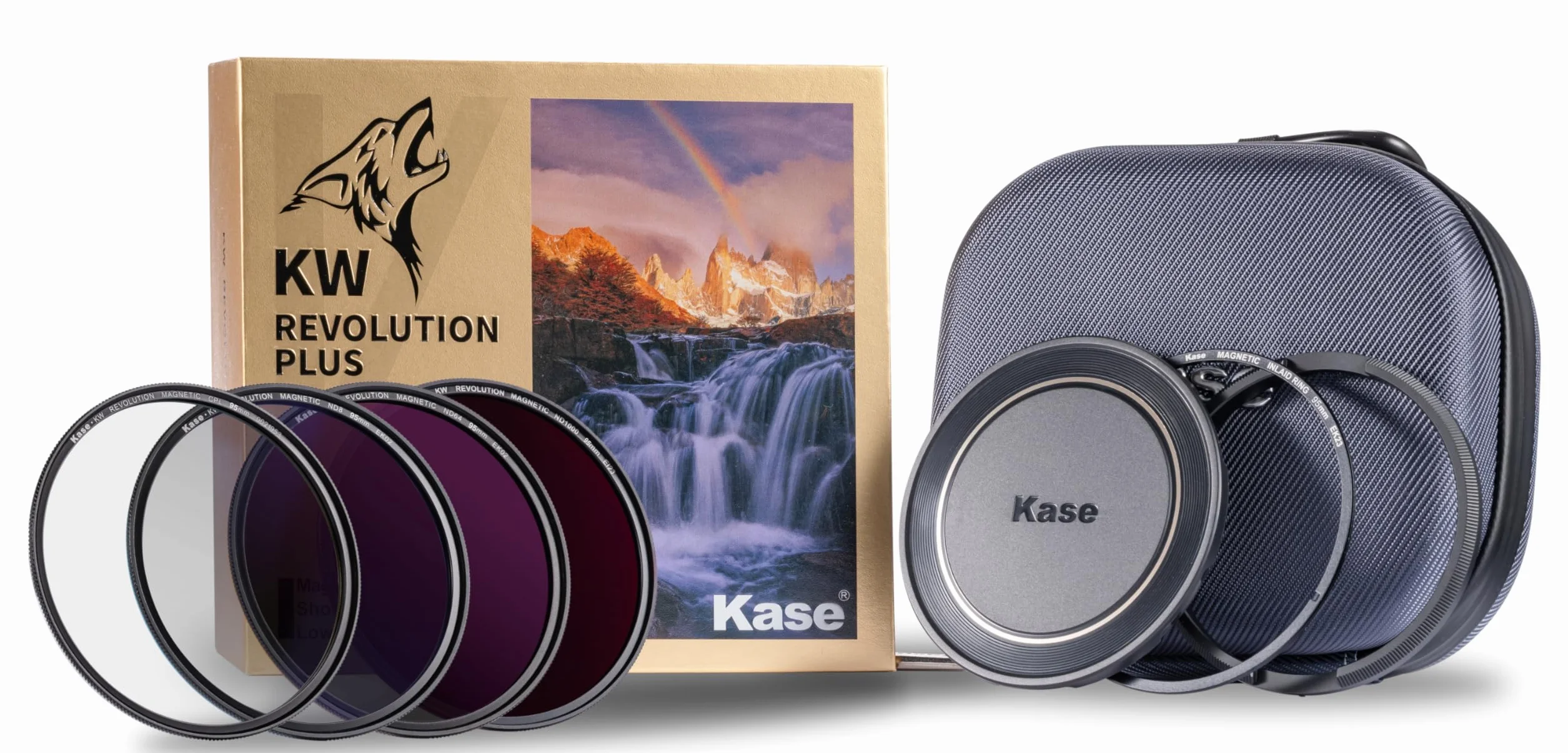 Kase Revolution Plus zestaw filtrów głównych, magnetyczne, odporne na wstrząsy, hartowane szkło optyczne, pierścienie oznaczone kolorami, w tym CPL ND8 ND64 ND1000 osłona obiektywu i obudowa (95 mm)