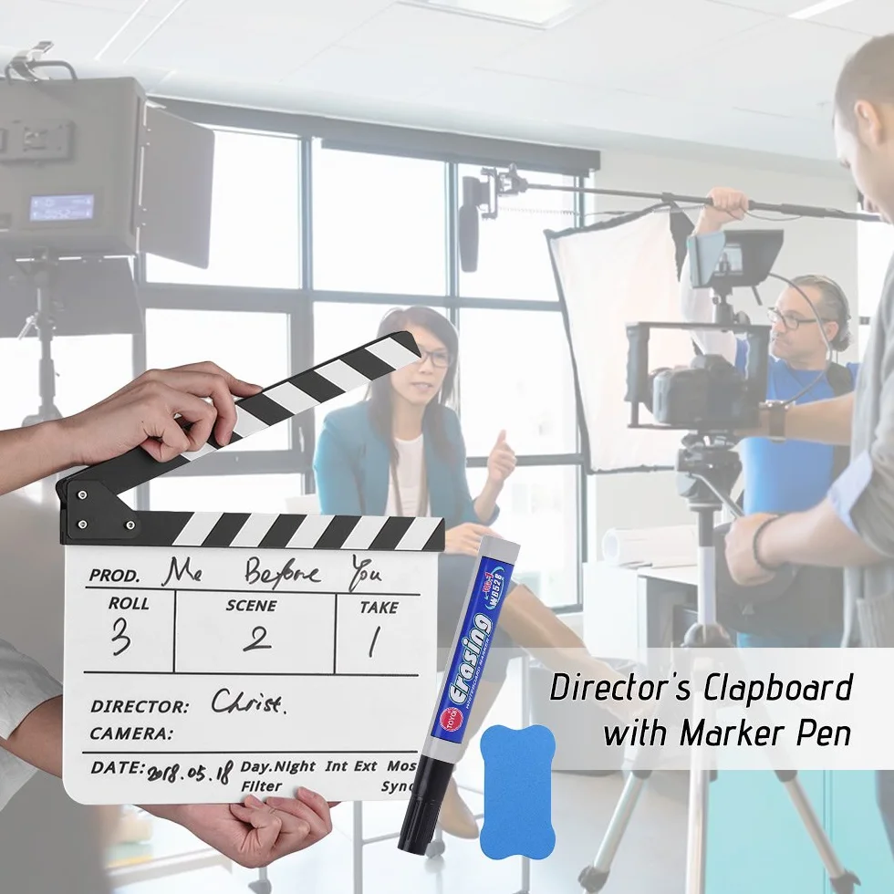 Wakects Profesjonalna Akrylowa Klapsa Clapperboard z Pisakiem i Gumką do Filmów Telewizji Reklam (Biały i czarny kij)