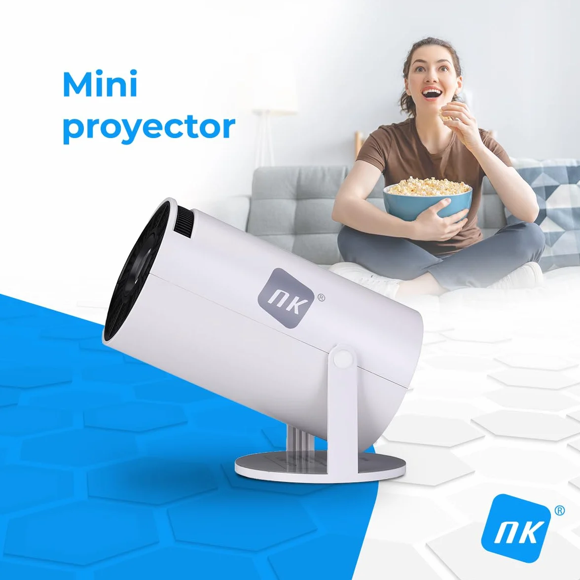 NK Mini przenośny projektor - rozdzielczość Full HD 1080P (obsługuje 4K), Android, WiFi, Bluetooth, Mirror Link, szkło 2,69" LCD, wbudowany głośnik, HDMI i USB, obrót 180°, (10'8x10'3 cm)