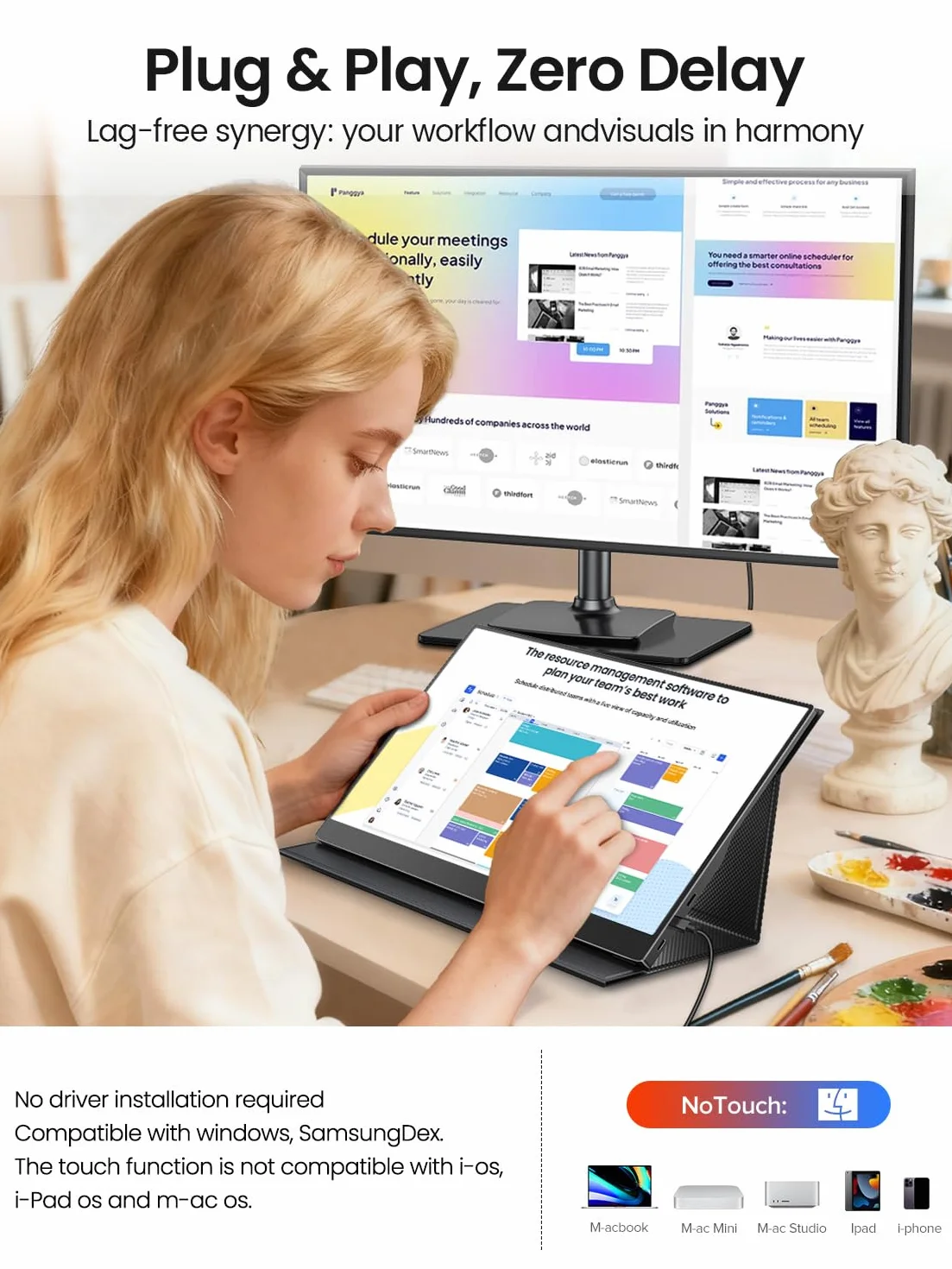 EVICIV Przenośny monitor dotykowy 15,6 cala 125% sRGB 1080P 2000:1 Zewnętrzny mobilny wyświetlacz FHD USB C z HDMI/USB-C do laptopa/komputera/telefonu/konsoli do gier, obsługa VESA