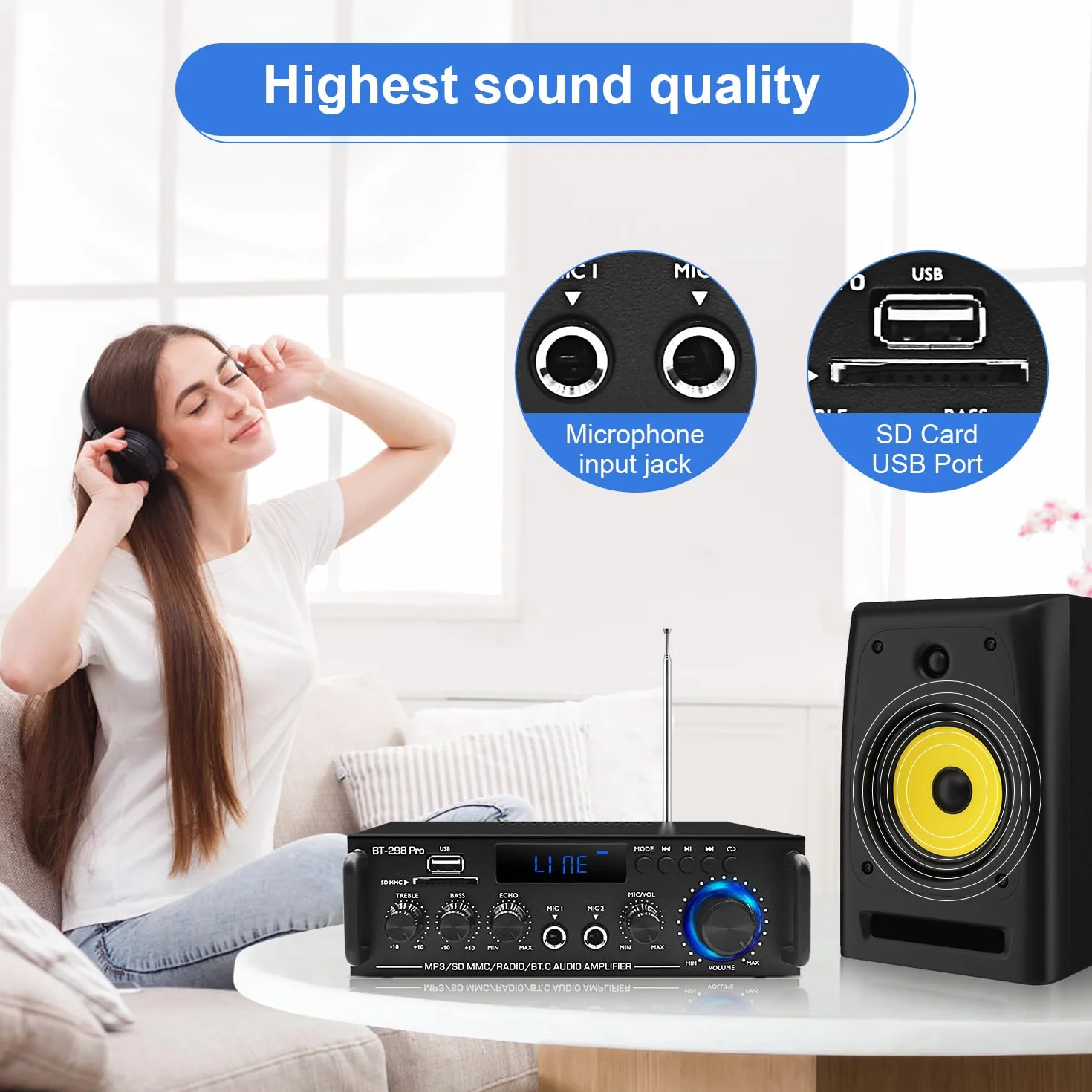 Wzmacniacz domowy odbiornik audio stereo z Bluetooth 5.0, maks. 800 W, 2.0-kanałowy system wzmacniacza stereo do głośników kina domowego, karaoke, garażu, wzmacniacza domowego z wejściem