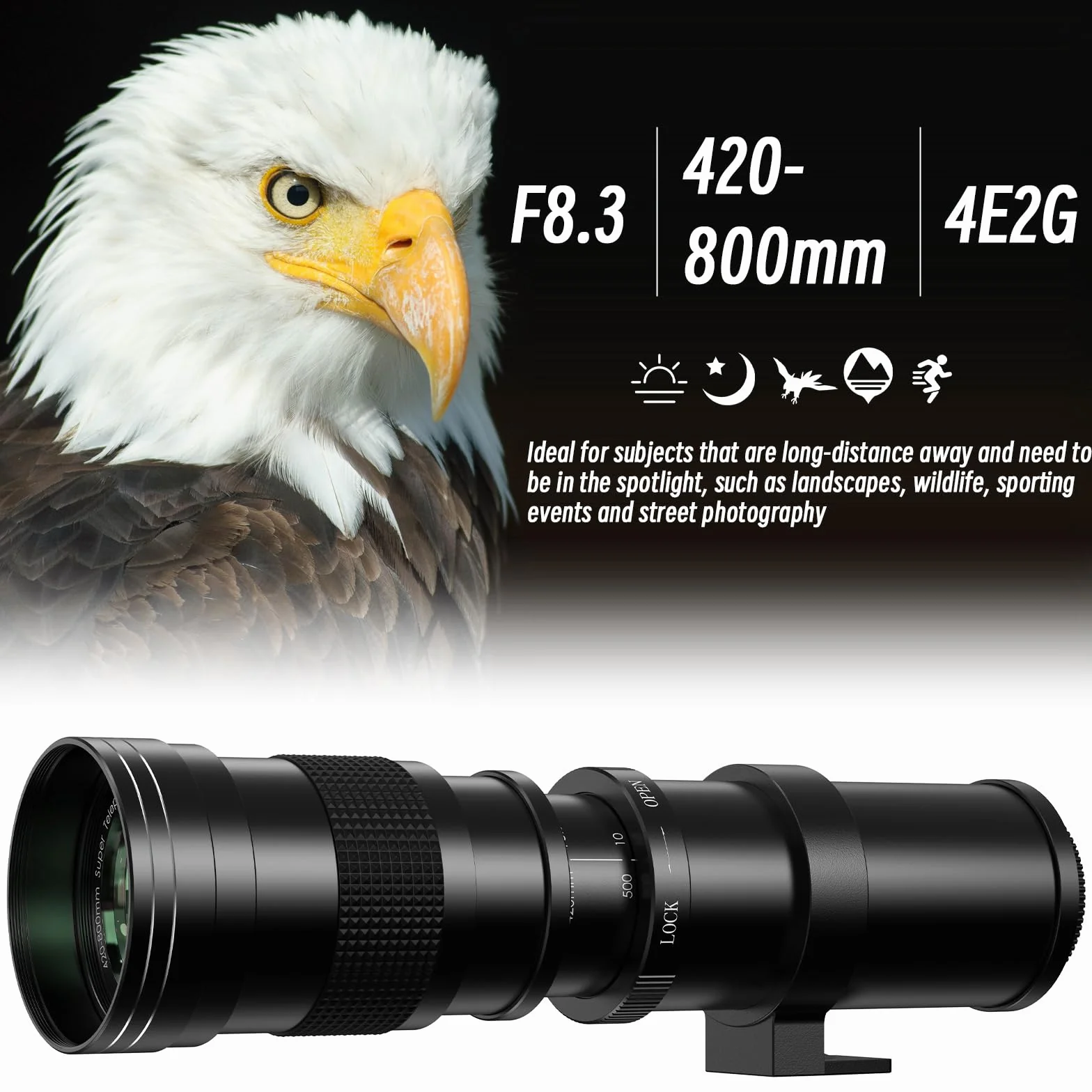 Lightdow 420–800 mm f/8.3 Ręczny teleobiektyw zmiennoogniskowy z mocowaniem T do Canon EF/EF-S (Rebel T8i/T7/T6/T5/T4i/T3i, 250D, 6D, 5D itp.)