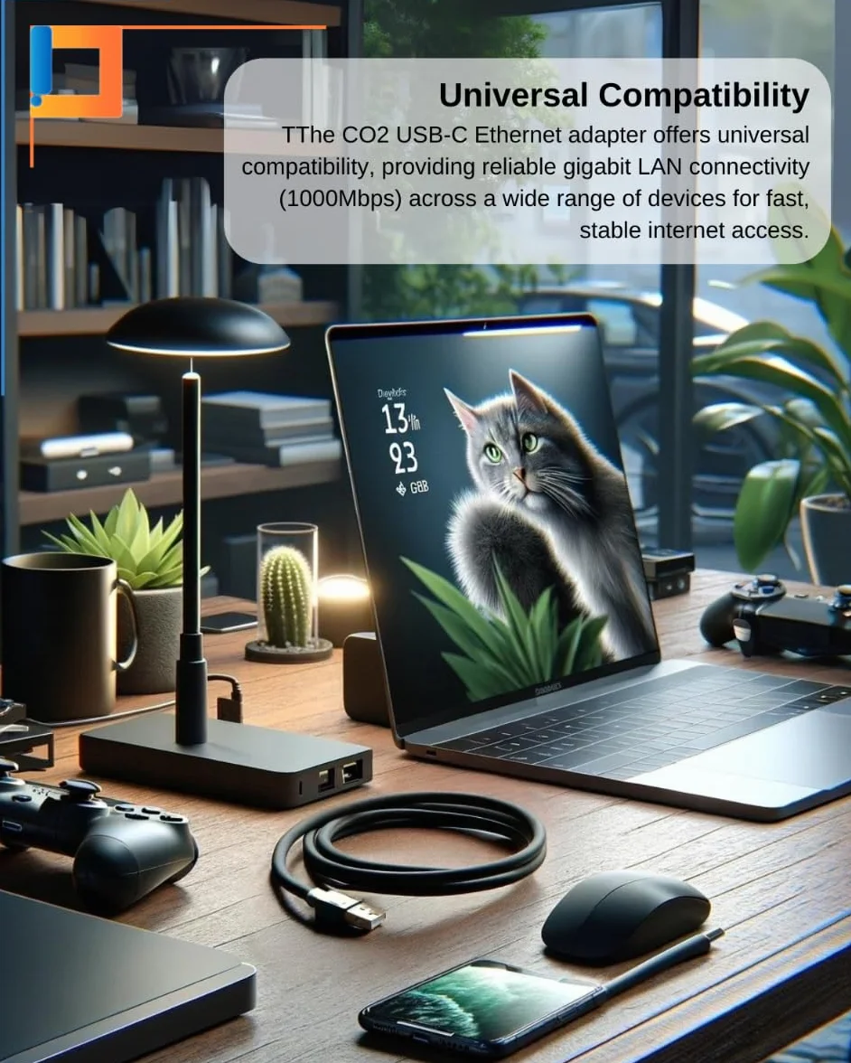 CO2 Karta sieciowa USB-C do Ethernet, Adapter Gigabit RJ-45 LAN 10/100/1000 Mbps, Plug & Play, Wskaźniki LED, Chip Realtek RTL8153, Aluminium Space Gray, Kompatybilny z MacBook, PC, TV Box (USB-C)