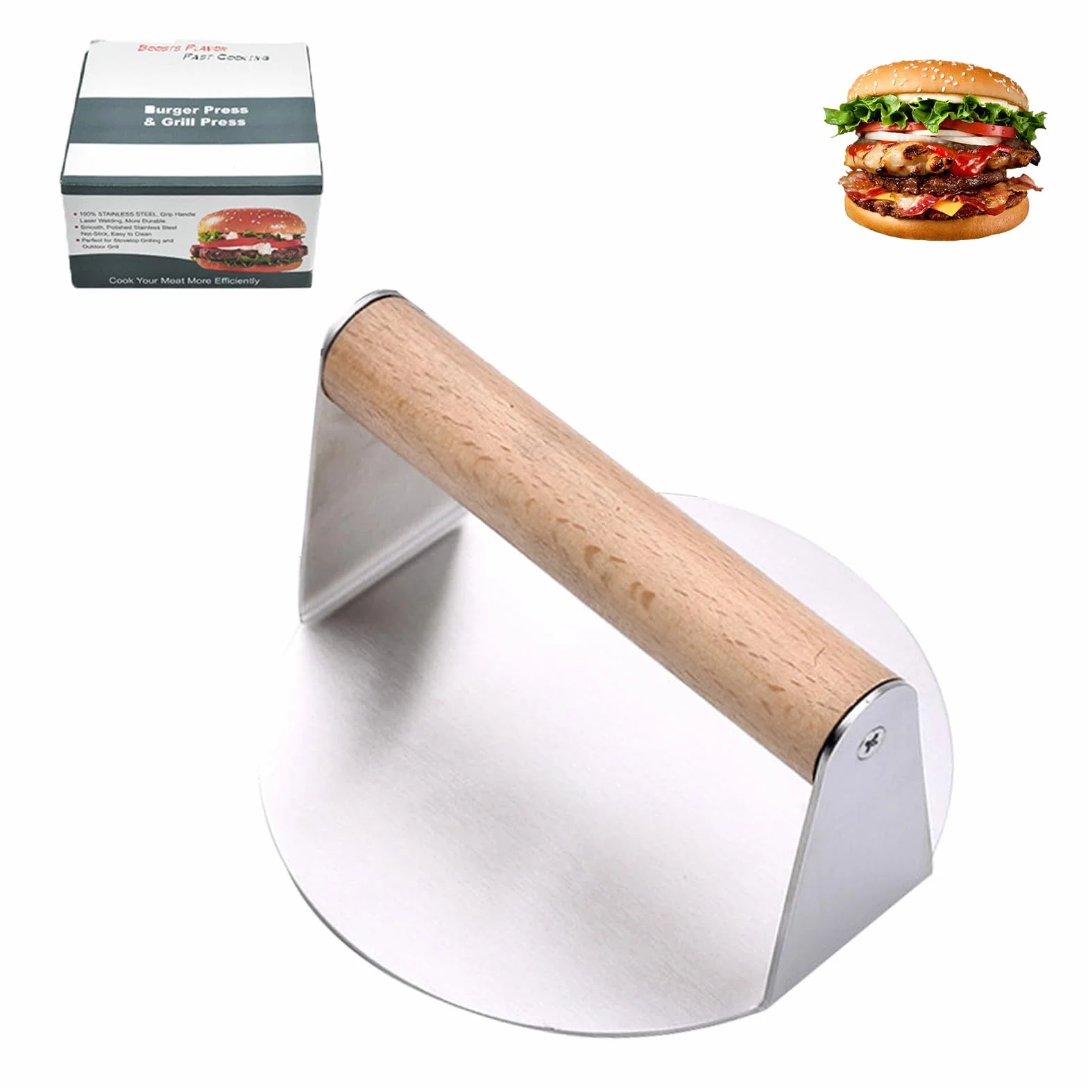 Prasa do burgerów, okrągła prasa do burgerów ze stali nierdzewnej 304 z drewnianym uchwytem, do burgerów klasy spożywczej, łatwa do czyszczenia do grilla płaskiego i smarownicy