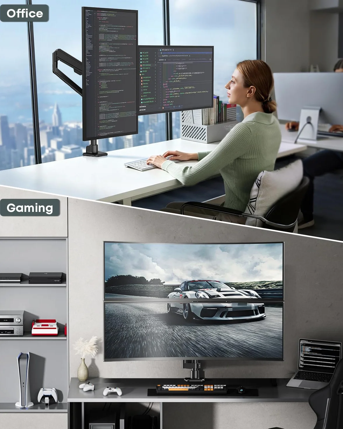 Podwójne ramię do monitorów 17-40 cali, gazowe, pełny ruch | Ergonomiczny design, precyzyjne ustawienie, stabilny & solidny, oszczędność miejsca, 12 kg na ramię, VESA 75/100, Czarny