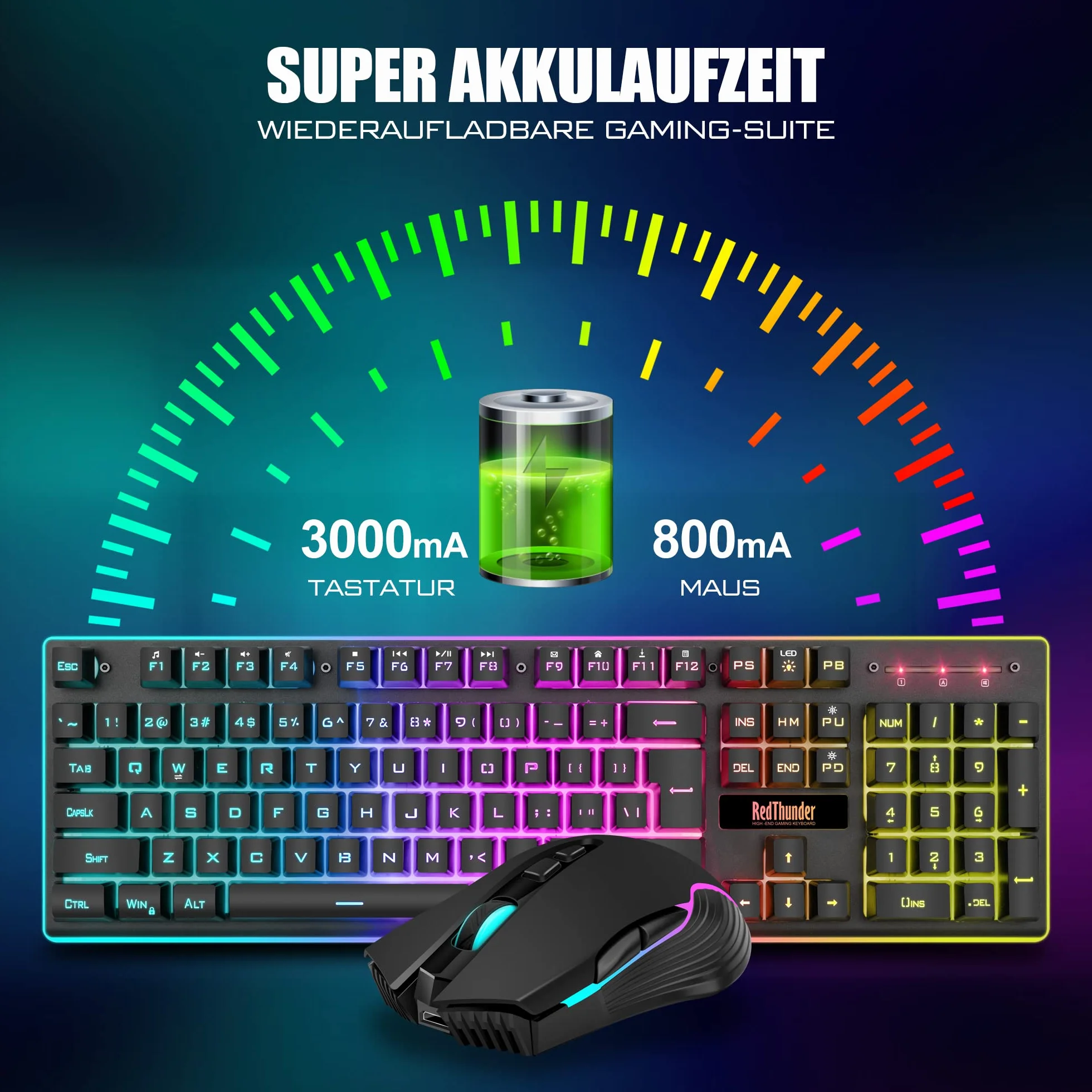 RedThunder K10 Zestaw bezprzewodowej klawiatury i myszy do gier, układ QWERTZ DE, bezprzewodowa klawiatura o pojemności baterii 3000 mA i mysz do gier 3200 DPI dla graczy (czarna)