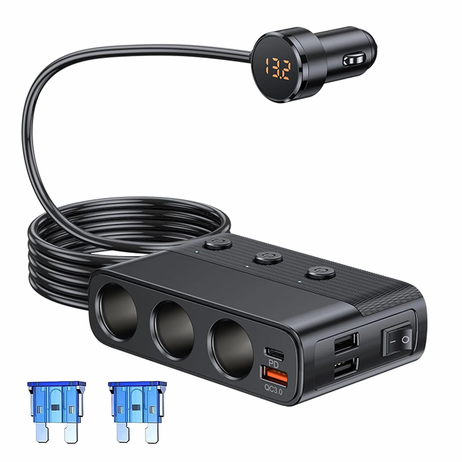 Rozdzielacz Zapalniczki Samochodowej 12V/24V, Ładowarka Samochodowa PD QC3.0 USB 127W z 3 Gniazdami i 4 Portami USB, Rozdzielacz Zapalniczki z Woltomierzem LED i Przełącznikiem