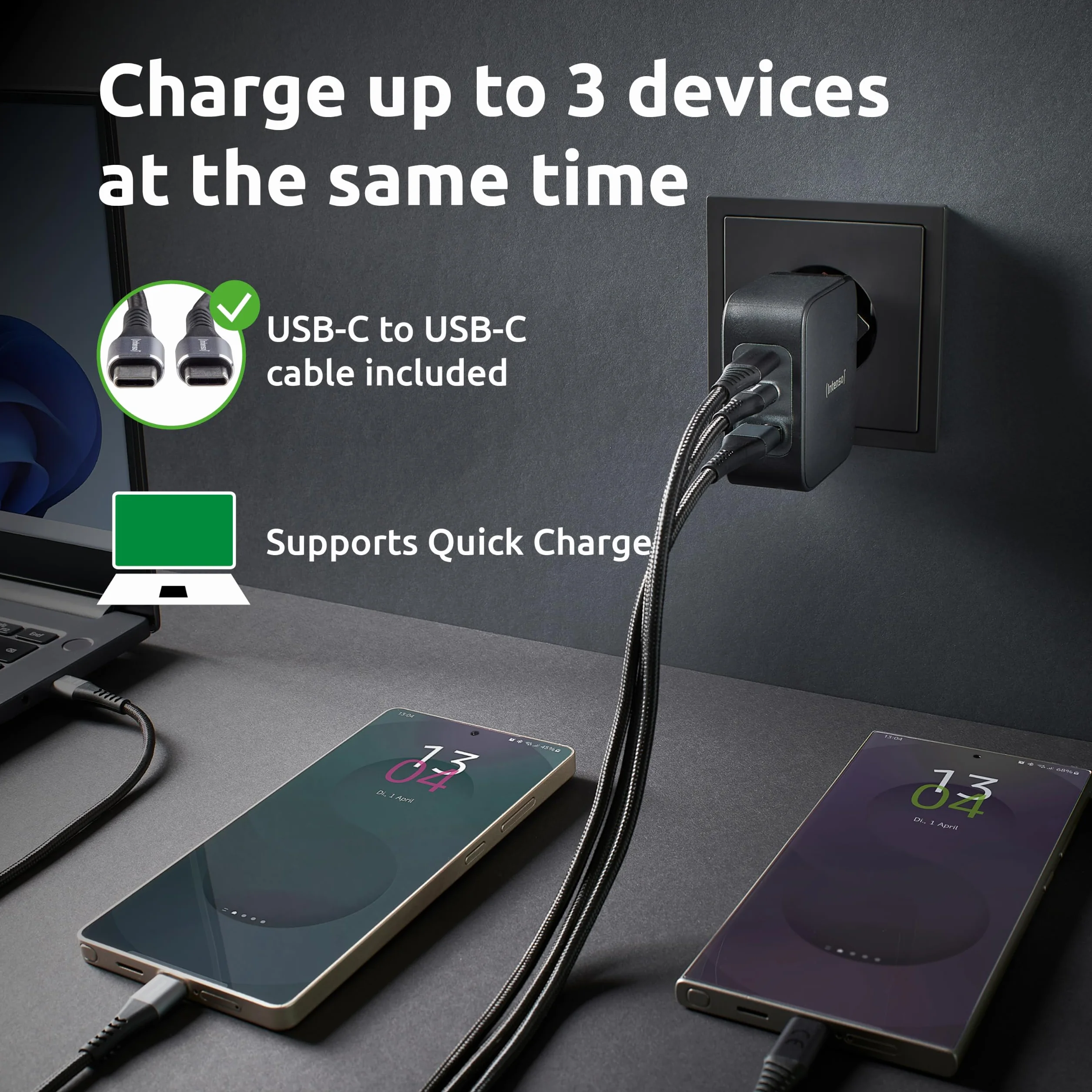 Intenso W100ACC+C520C, zestaw Power Adapter + kabel do ładowania, 100 W, szybkie ładowanie, GaN, 3 urządzenia jednocześnie, do laptopa, MacBooka, iPhone'a, Samsunga i innych, czarny