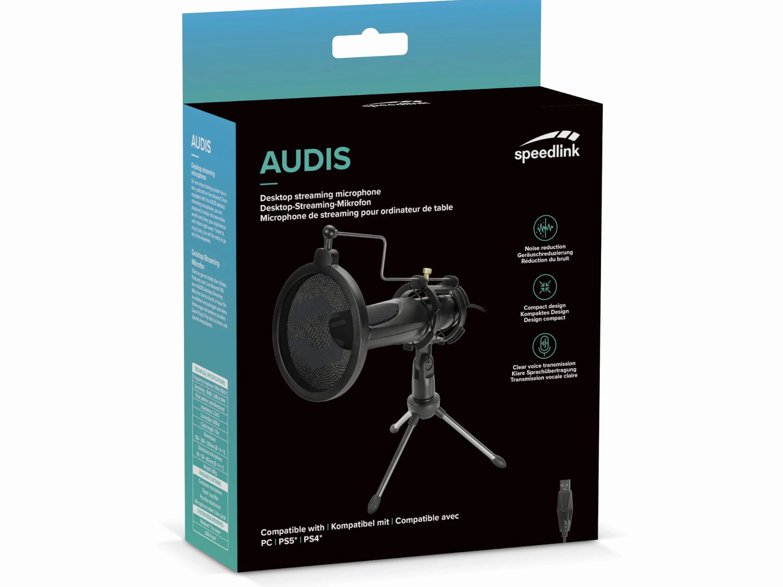 Speedlink AUDIS Desktop Streaming Microphone – mikrofon strumieniowy ze stojakiem i filtrem pop – Plug & Play, czarny