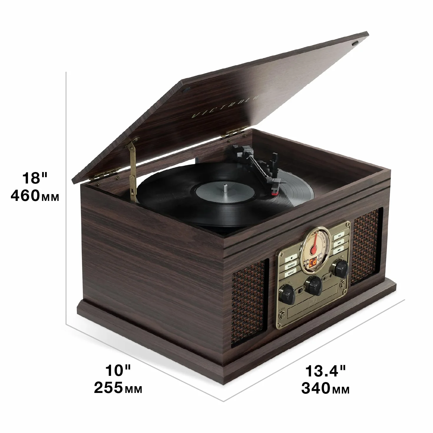 Victrola The Quincy – Gramofon Bluetooth 6 w 1 z wbudowanymi głośnikami, talerz obrotowy 3 prędkości, odtwarzacz CD i kaset, radio AM/FM, bezprzewodowe przesyłanie muzyki (Mahogany)