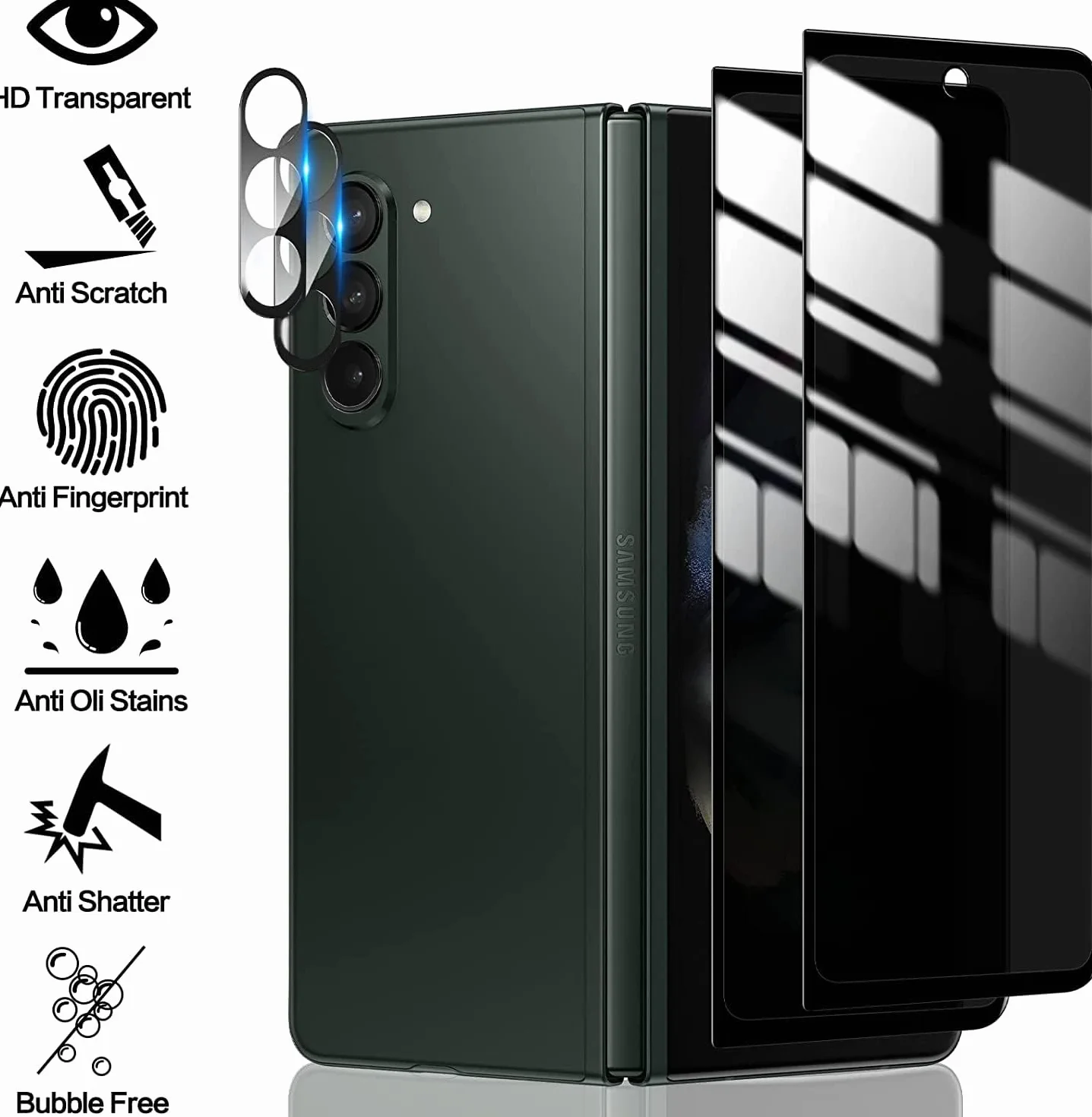 2 x ochrona ekranu ze szkła hartowanego do Samsung Galaxy Z Fold 5+, 2 x wewnętrzna miękka folia chroniąca prywatność, 2 x osłona obiektywu aparatu + 2 x folia boczna [odporna na zarysowania] [bez