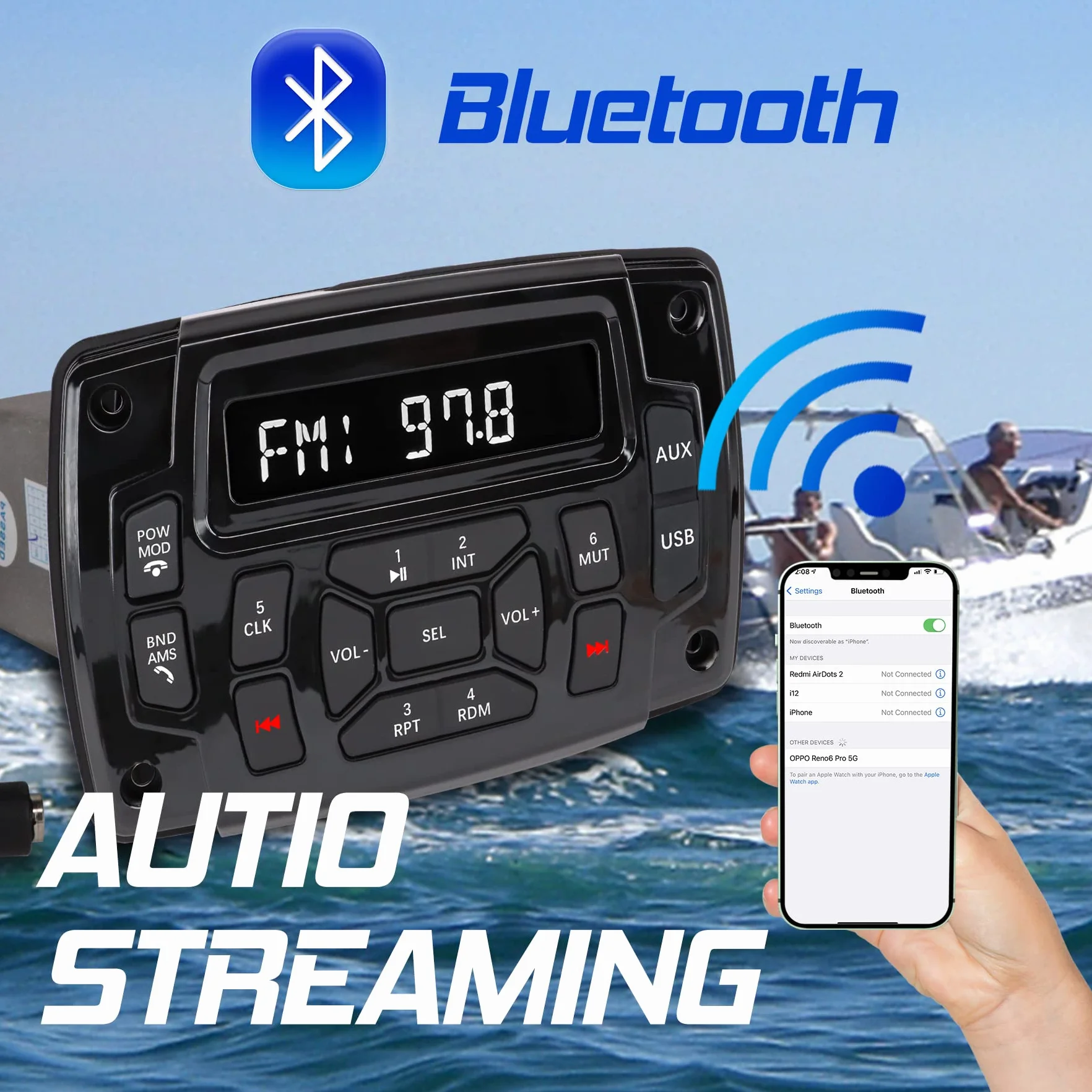 Morski i samochodowy odbiornik stereo Bluetooth, wodoodporny odtwarzacz MP3 z radiem AM/FM, wejście USB, jednostka główna łodzi, systemy audio do kampera, UTV Yacht