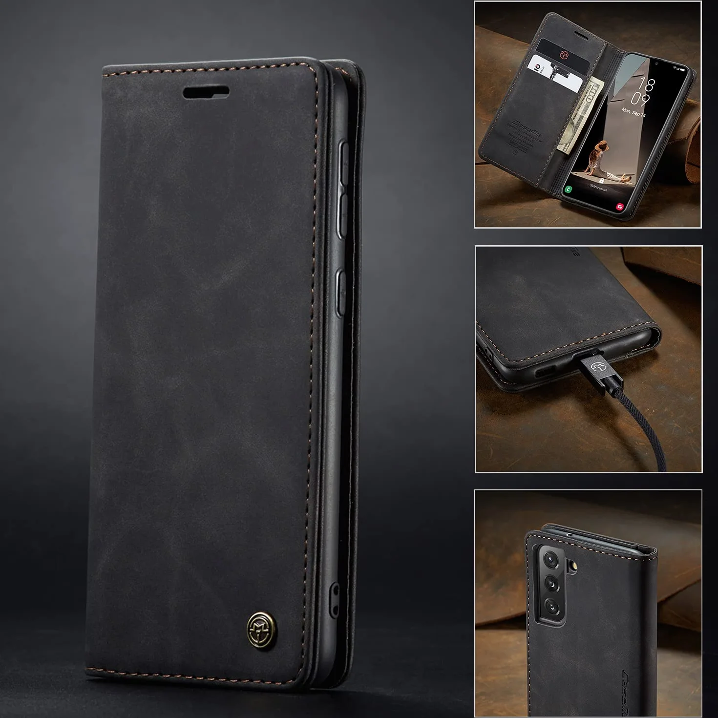 Etui do Samsung Galaxy S21 FE, Szczelina na karty, podpórka, Odporny na wstrząsy, premium ze skóry PU portfel, Flip Magnetyczny Skórzane etui do Samsung Galaxy S21 FE-Czarne