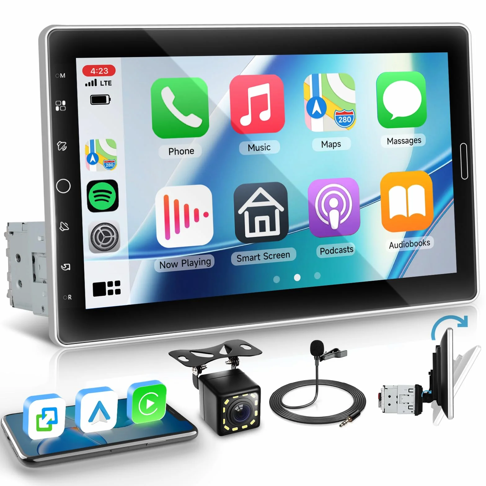 Hodozzy Radio samochodowe 1 DIN z ekranem 10,1 cala, bezprzewodowy Carplay, Android Auto, radio ekran dotykowy 1 Din Bluetooth AM/FM/RDS, MirrorLink EQ USB/AUX odtwarzanie wideo online + kamera