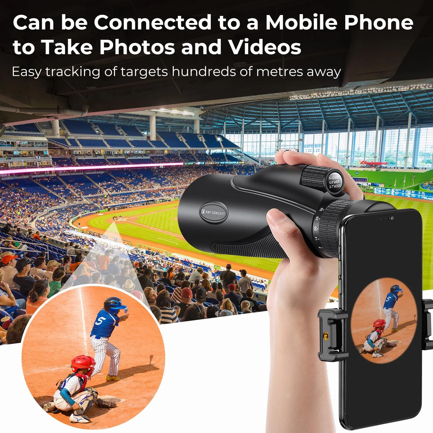 K&F CONCEPT 8–32 x 50 Monokular zoom z uchwytem na telefon komórkowy, monokular dla dorosłych - pryzmat BAK4 i soczewka FMC - wodoodporny IP66 - świetny do obserwacji ptaków, wędrówek, polowania