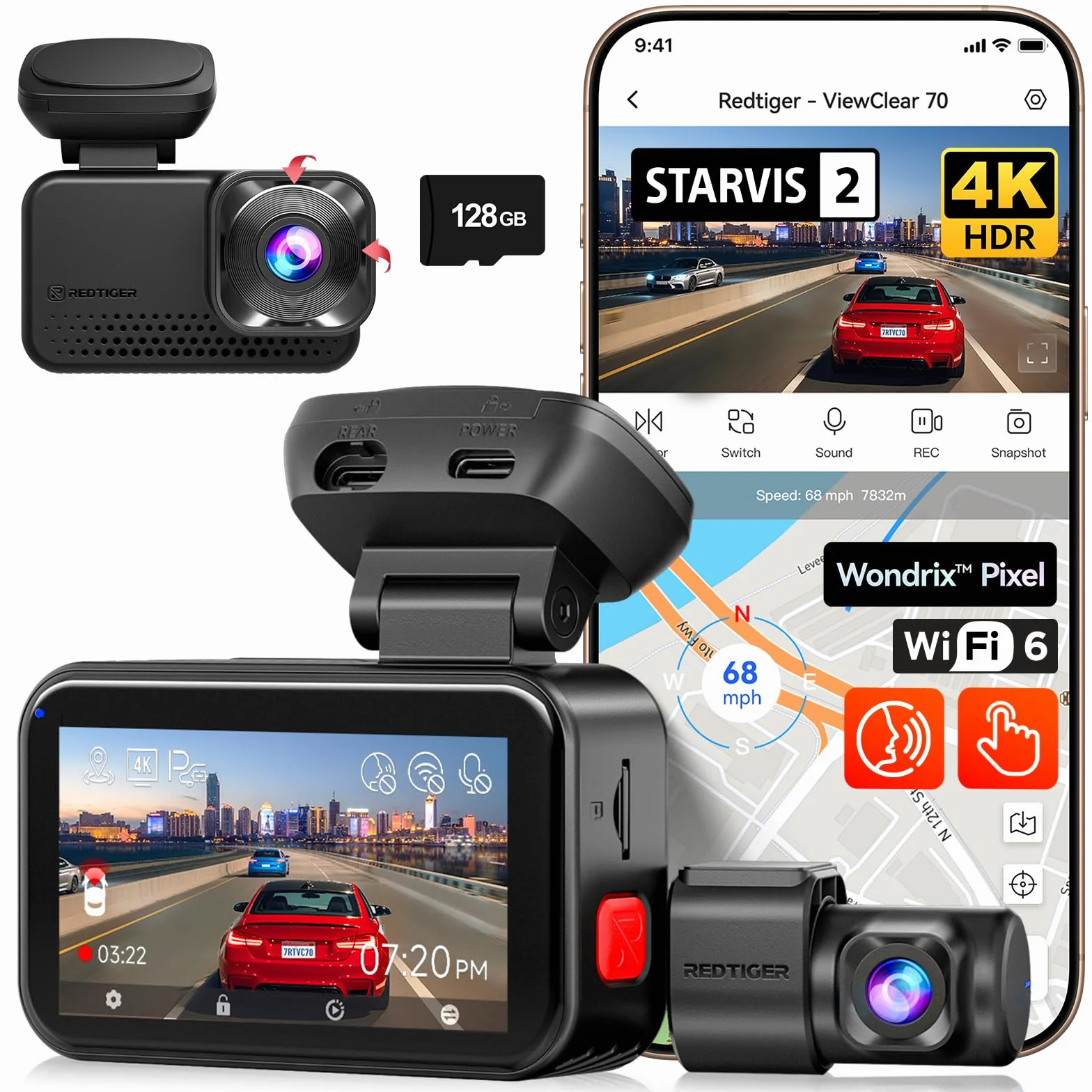 REDTIGER VC70 4K+2.5K Dash CAM Samochód, STARVIS 2 IMX678 x Wondrix™ HDR Noktowizor z czarnym światłem, WiFi 5.8GHz 30MB/s,Sterowanie głosem, Ekran dotykowy, 128 GB karty pamięci, monitor parkowania