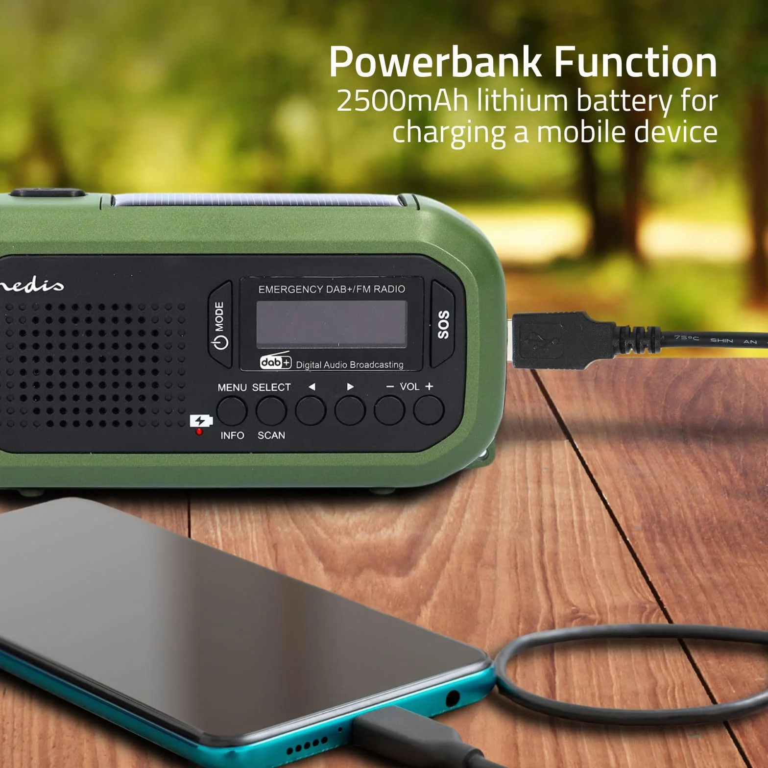 Radio awaryjne – wersja przenośna – DAB+/FM – zasilanie bateryjne/korba ręczna/zasilanie energią słoneczną/zasilanie przez USB – budzik – zielony/czarny