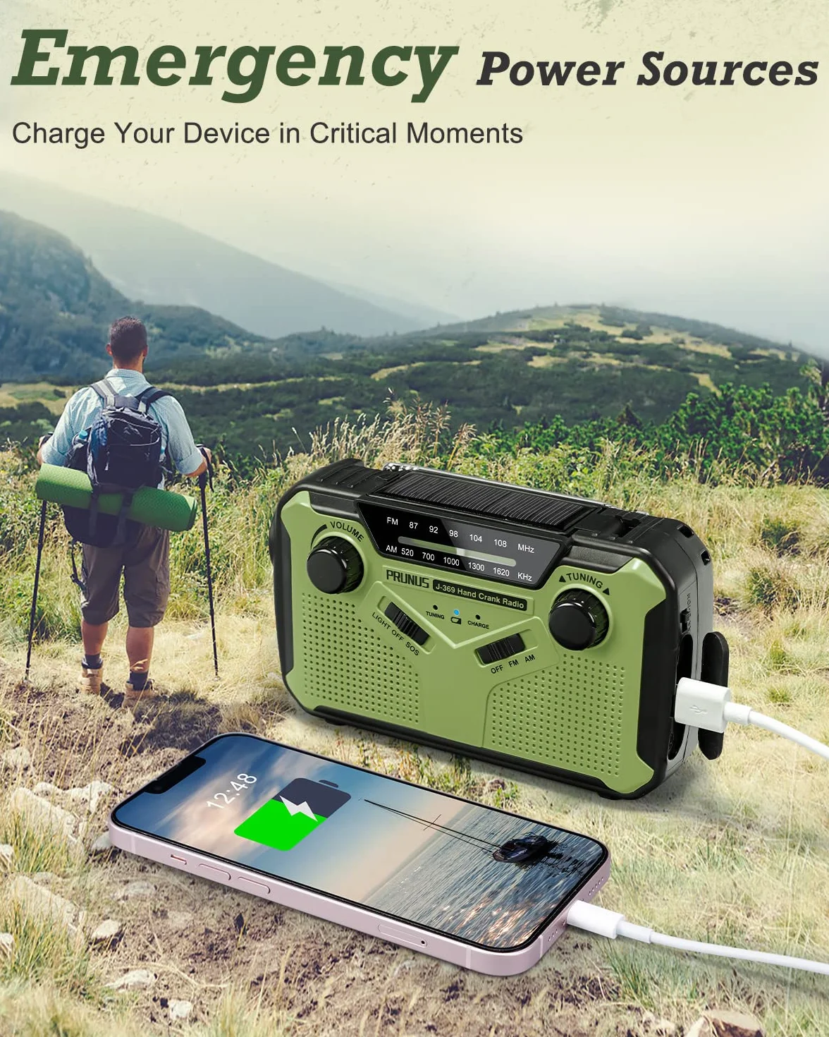PRUNUS J-369 radio korbowe FM/AM, zasilanie bateryjne, korba solarna, z powerbankiem o pojemności 3000 mAh, radio awaryjne z alarmem SOS, latarką i lampką do czytania, na kemping, do domu, w sytuacji