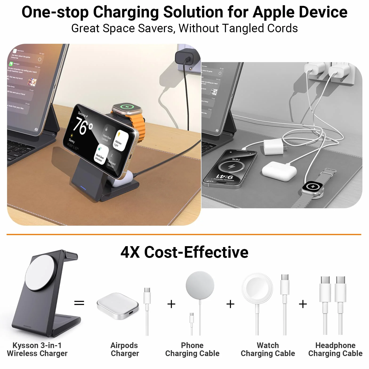 Kysson - Składana stacja ładująca 3 w 1 dla wielu urządzeń Apple, bezprzewodowa ładowarka podróżna do ładowarki MagSafe, magnetyczny uchwyt ładujący do iPhone'a 15/14/13/12 dla