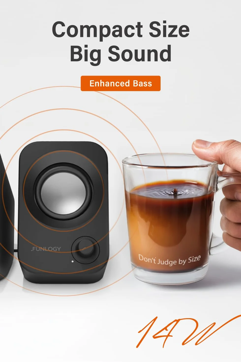 FUNLOGY Głośnik - głośniki stereo 14 W, zasilanie USB, kompaktowy rozmiar z nachyleniem 30°, regulacja głośności, do komputera stacjonarnego, laptopa, monitora, konsoli do gier, czarny