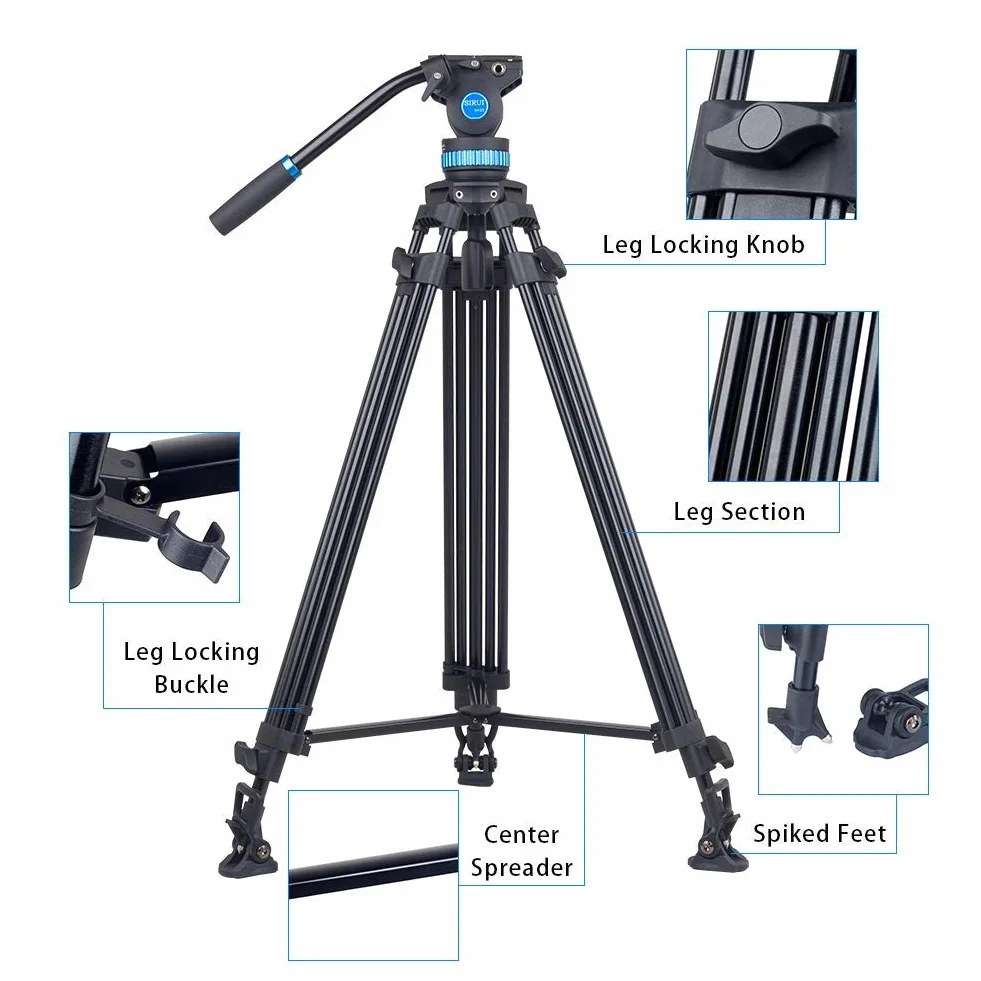 SIRUI Statyw wideo Tripod SH25, aluminiowy statyw wideo z głowicą i uchwytem, 190 cm, maks. obciążenie 10 kg, statyw podróżny do lustrzanek cyfrowych, kamkorderów, aparatów, kamer wideo