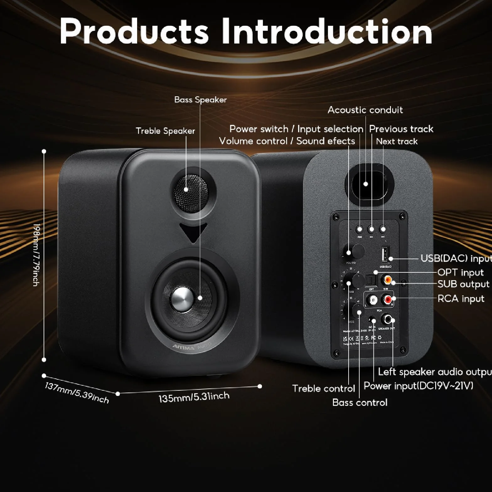 AIYIMA S400 Active głośnik biblioteczny 80 W HiFi Bluetooth z 2.0-kanałowymi sterownikami 10,2 cm, wyjście optyczne/RCA do kina domowego i studiów