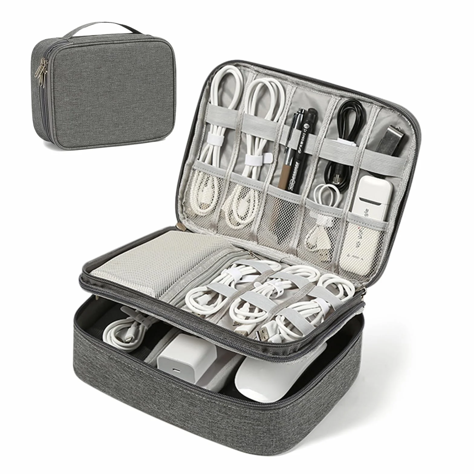 NEUSID Organizer na kabel, 3-warstwowa wodoodporna torba na akcesoria podróżne, uniwersalny organizer USB do ładowania, powerbank, szara, 25,5 x