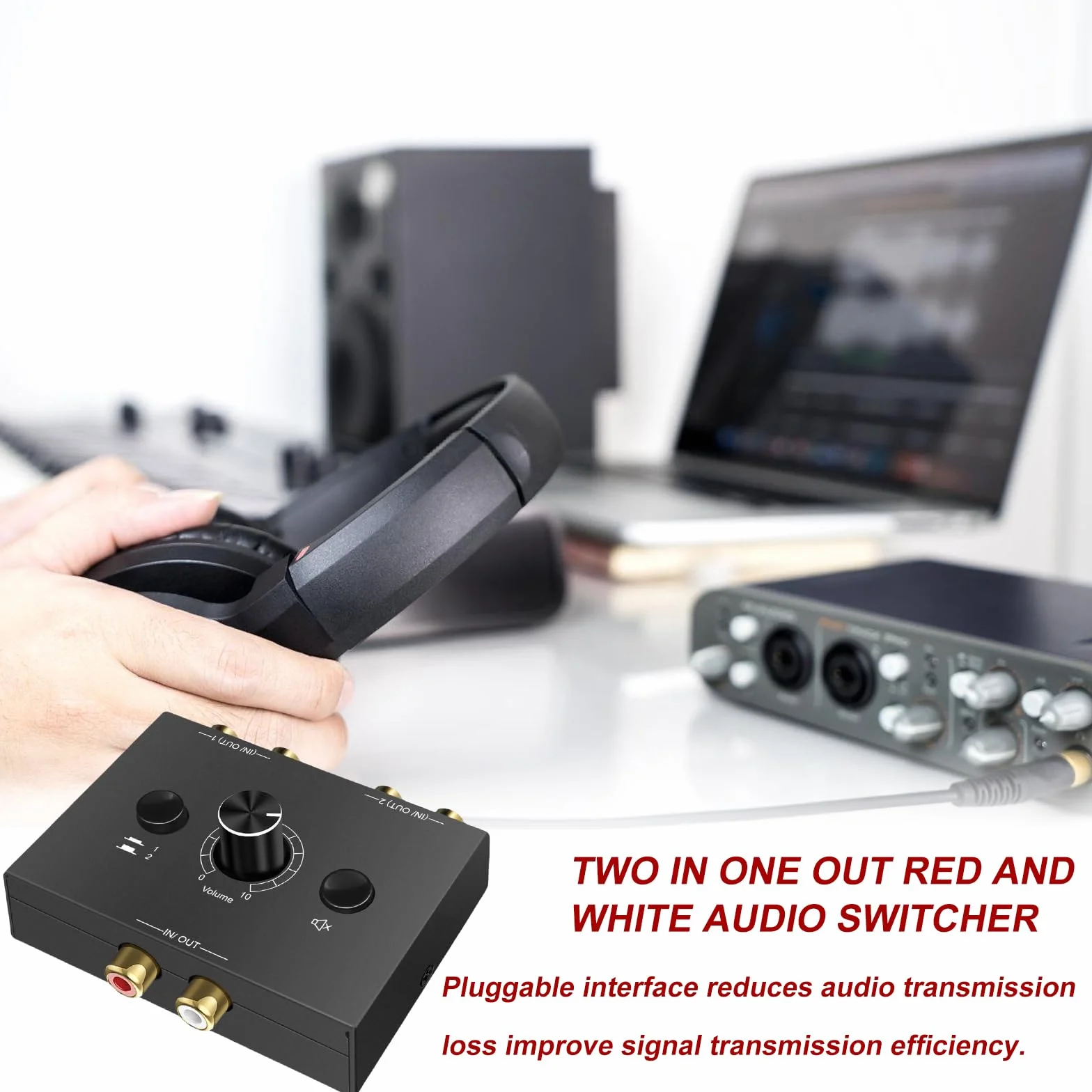 RCA Stereo Audio Switch 2(1)-IN-1(2)-OUT, R/L Regulacja Głośności, dwukierunkowy Aux Sound Selector Splitter Box do odtwarzacza CD, komputera, głośników