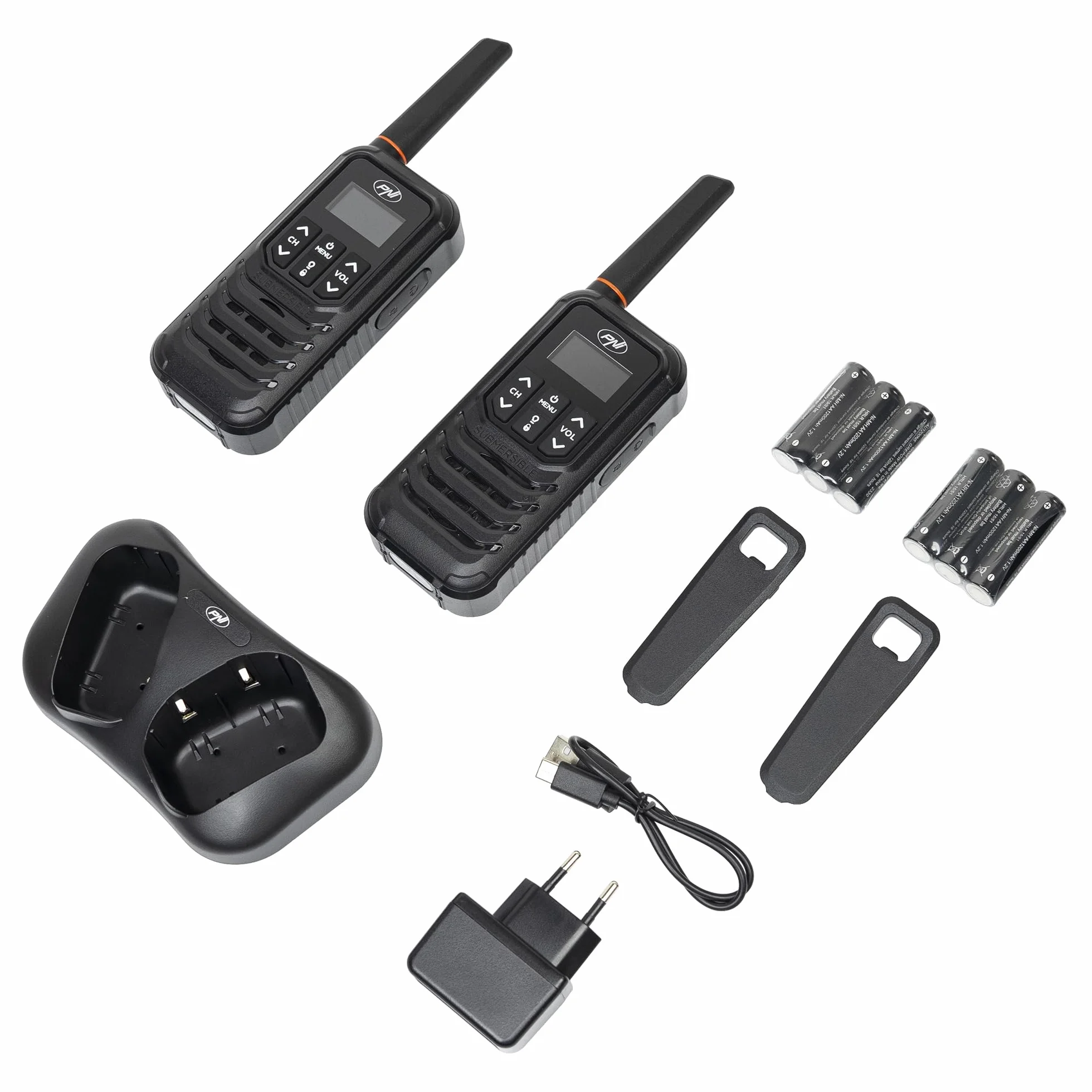Przenośna stacja radiowa PNI PMR R80 PRO, zestaw 2 sztuk, 0,5W, 16 kanałów, Wodoodporna IP67, z latarką LED, przyciskiem SOS, VOX, USB-C