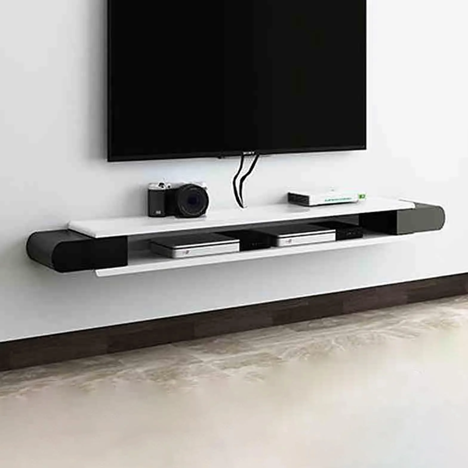 Nowoczesny stolik konsolowy pod telewizor, wisząca konsola multimedialna, półka rozrywkowa pod telewizorem z otworem na kable, wisząca podstawka pod telewizor z otwartym schowkiem, do salonu, sypialni