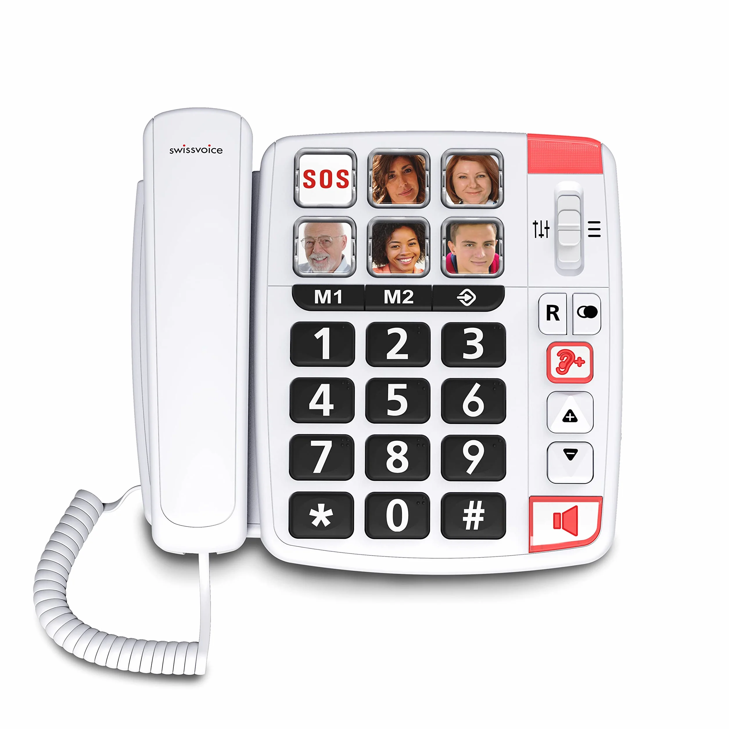 Swissvoice Xtra 1110 telefon przewodowy z bardzo dużymi przyciskami, sześć przycisków bezpośredniego wyboru zdjęć, głośne dzwonki, kompatybilny z aparatami słuchowymi