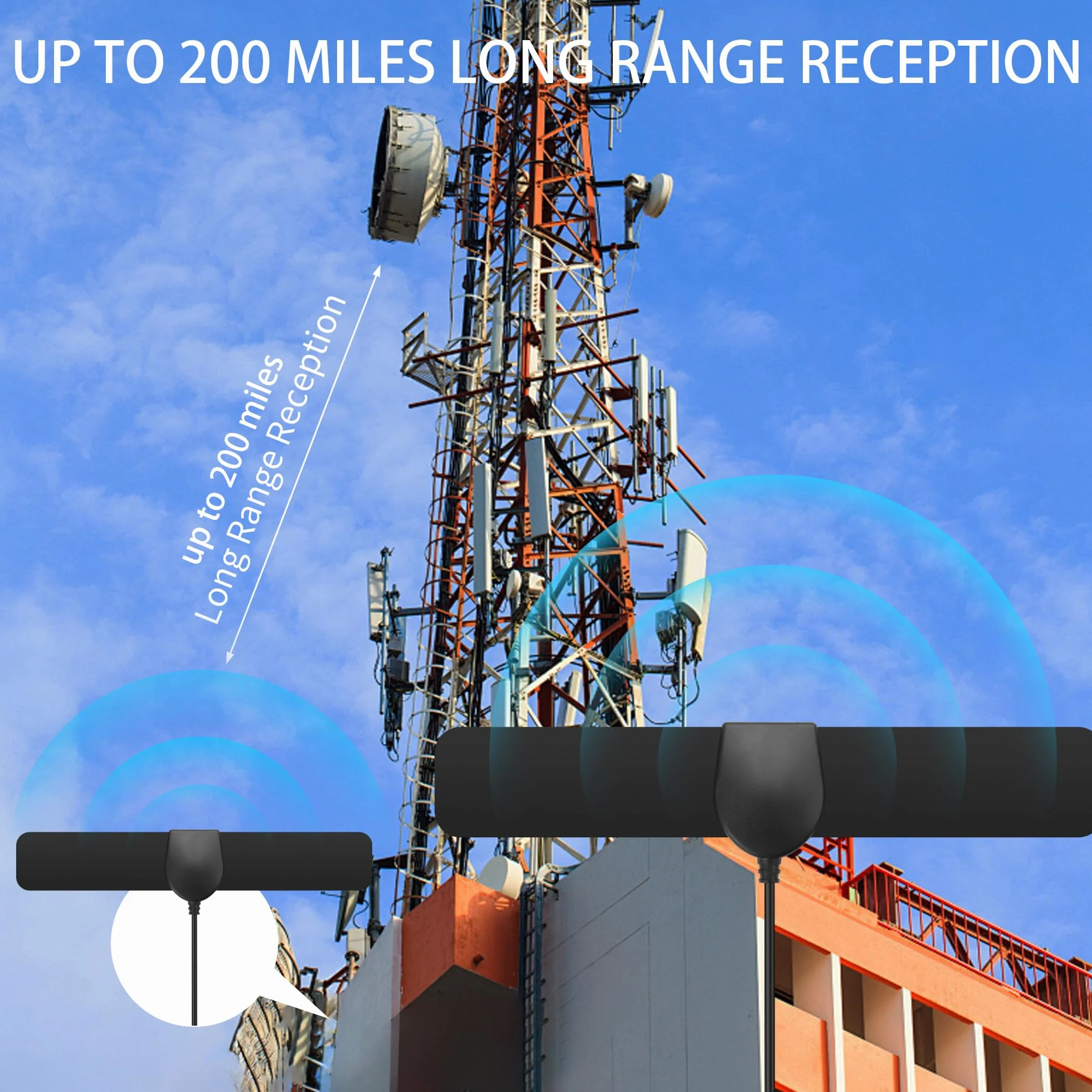 YAODHAOD Antena HDTV do użytku wewnątrz i na zewnątrz - 200 mil - DVB-T/T2 / ATSC/ISDB-T - z 4K Ultra HD - antena cyfrowa ze wzmacniaczem