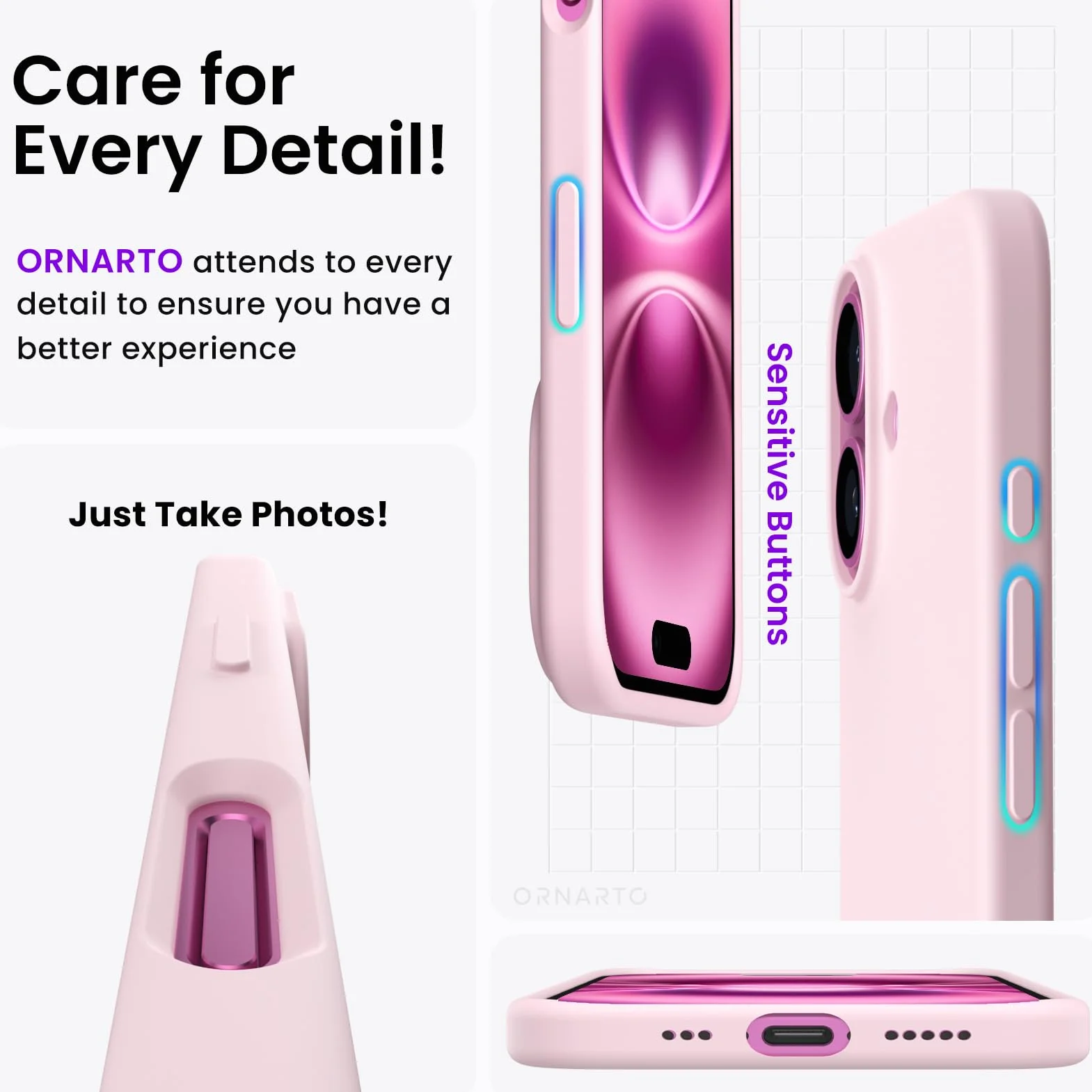 ORNARTO Silikonowe etui iPhone 16 6,1" ochronne różowe