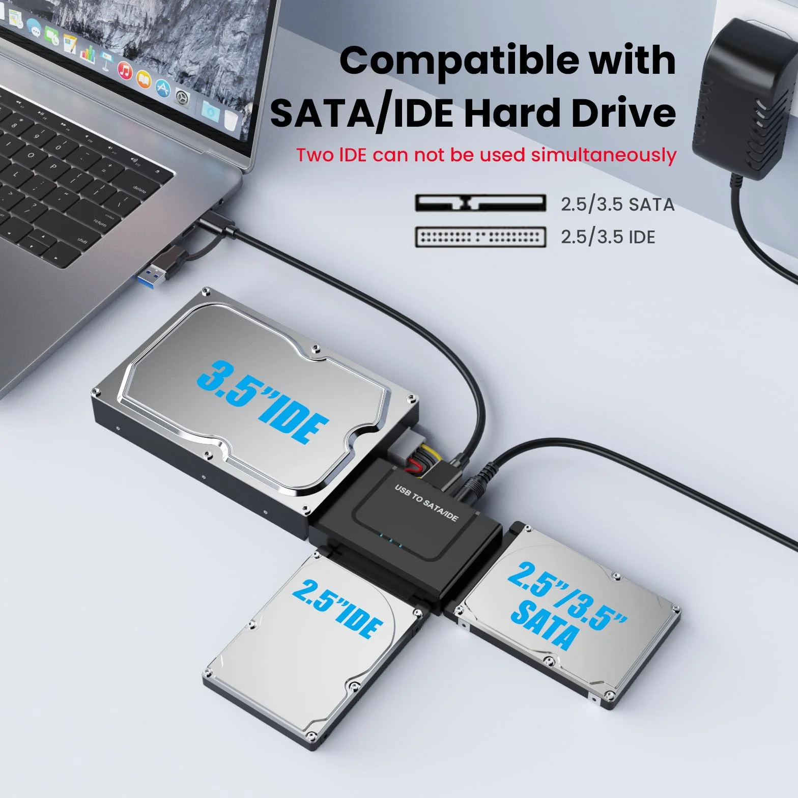 Adapter USB 3.0 na IED SATA, zewnętrzny konwerter czytnika dysku twardego SATA adapter USB do 6.3 cm 8.9 cm HDD SSD z zasilaczem 12/2A