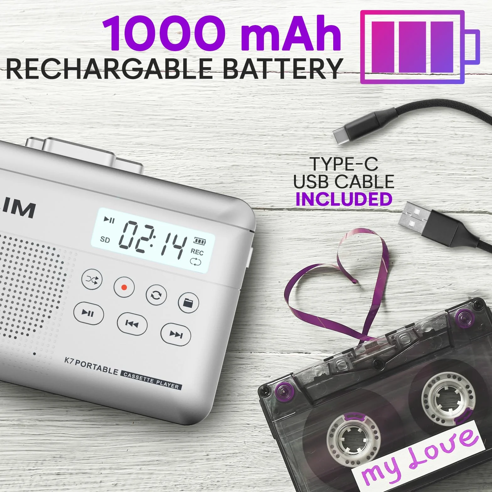 KLIM K7 Magnetofon kasetowy - konwerter kasety na MP3 - przenośny - wbudowany mikrofon i głośnik - akumulator - słuchawki - karta SD 16 GB - srebrny