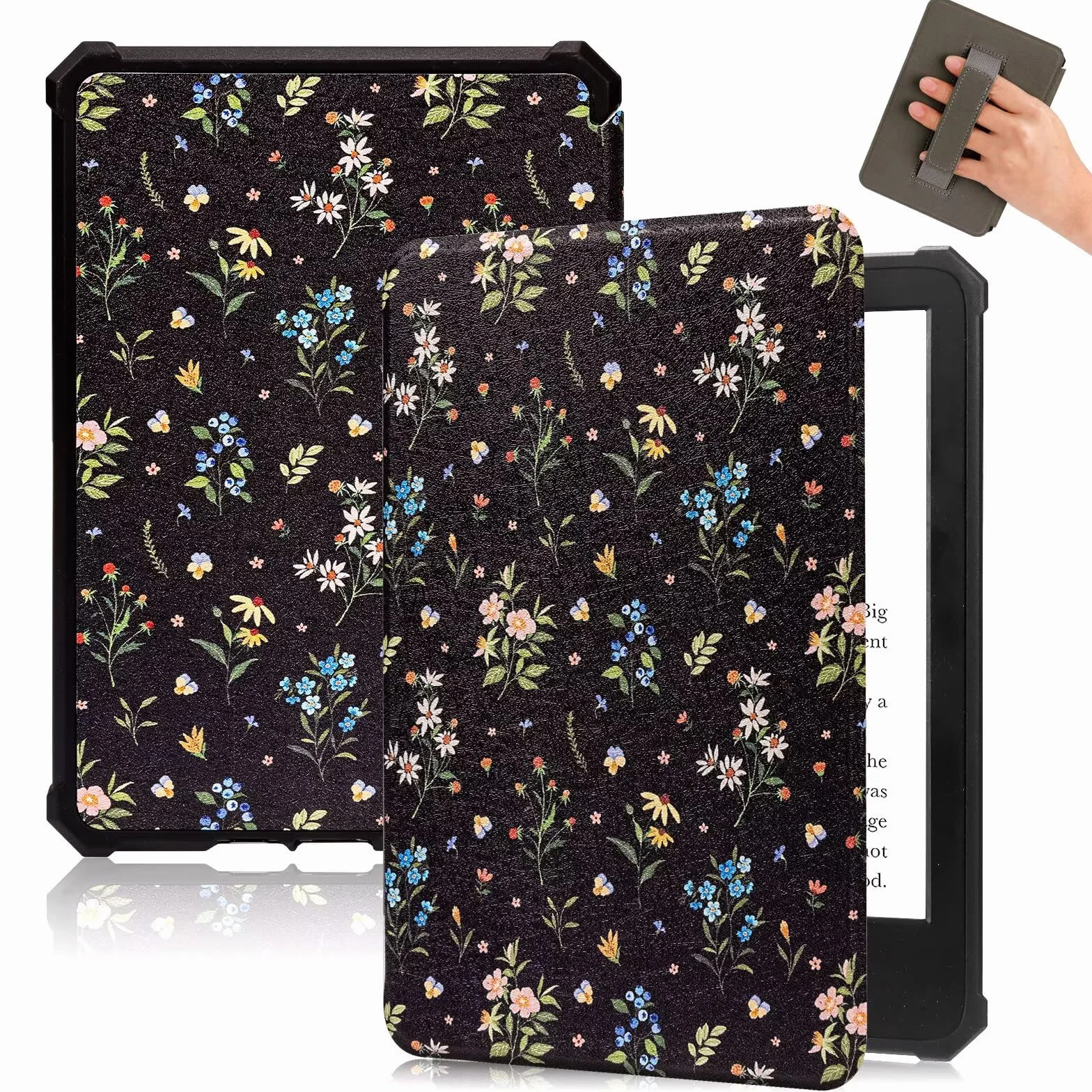Etui kompatybilne z Kindle Paperwhite 6" 5/6/7 generacji, TPU z paskiem na rękę, tryb uśpienia/wybudzenia, Black Floral