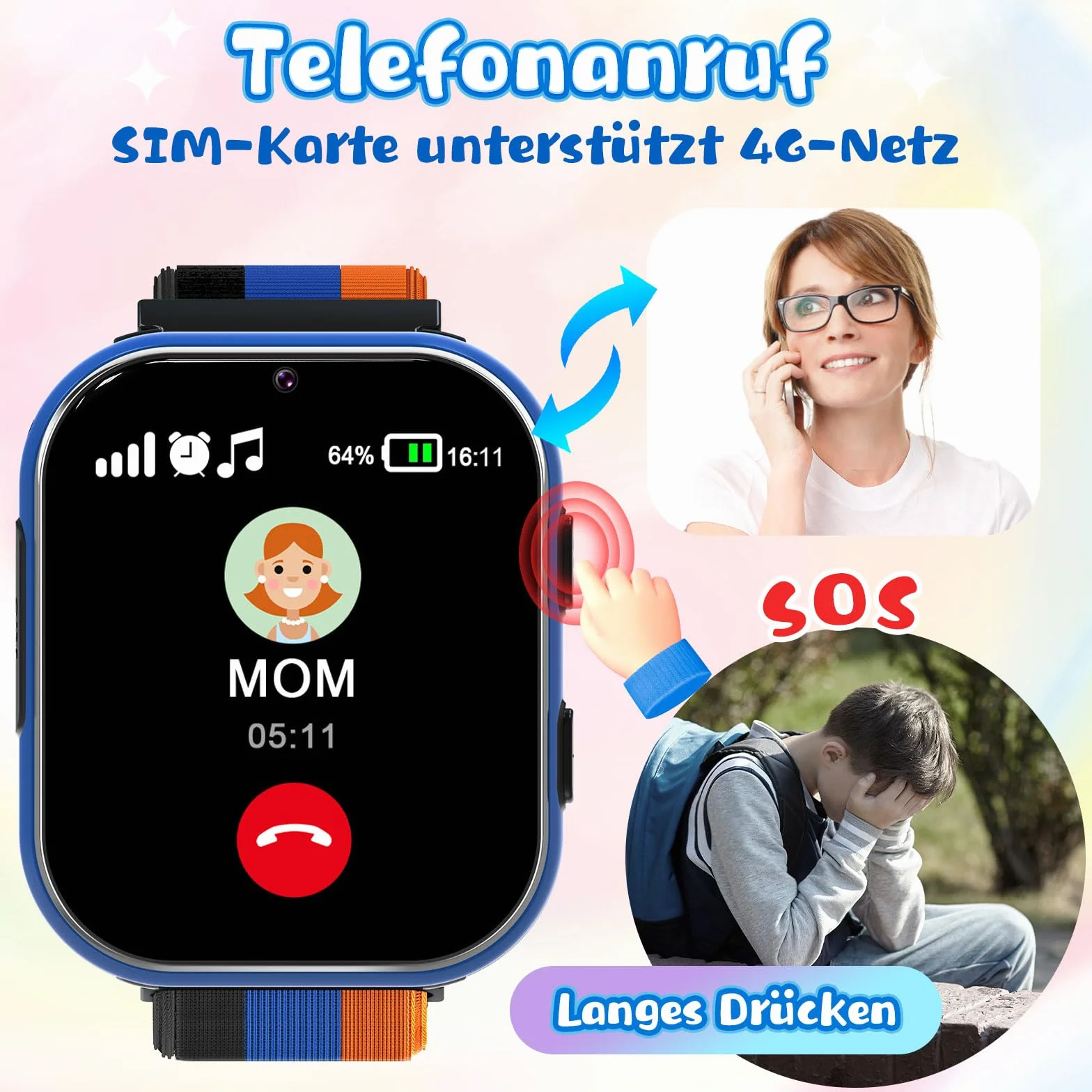 PTHTECHUS Smartwatch dla dzieci 4G, zegarek dziecięcy z funkcją połączenia telefonicznego, kilka stylów pulpitu do wyboru, dwukierunkowe połączenia, aparat, MP3, SOS, karta edukacyjna, prezent dla