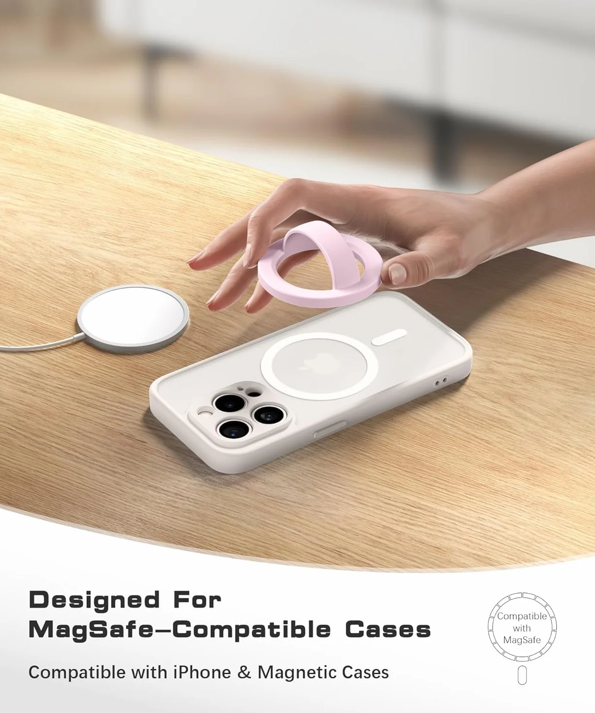 NEO+ Magnetyczny uchwyt na telefon kompatybilny z MagSafe, uchwyt na telefon kompatybilny z iPhone'ami i dowolnymi etui na telefony. Fioletowy silikon.