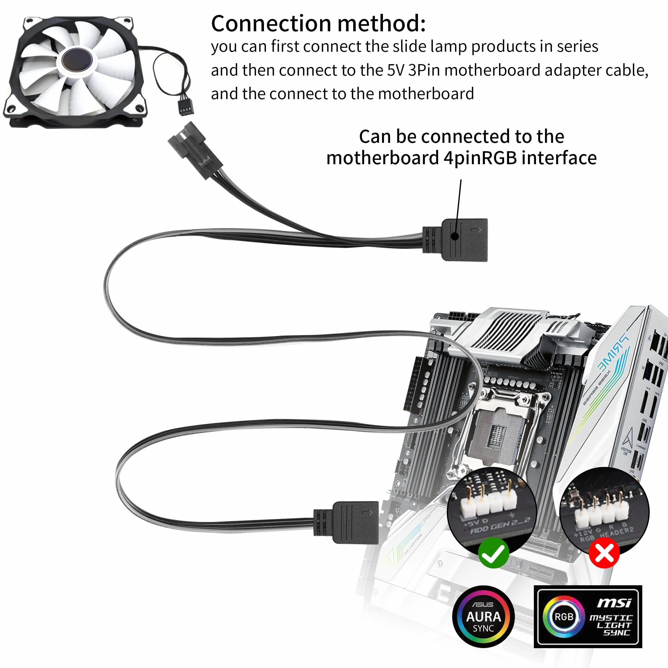 YACSEJAO 3-pinowy kabelfor MSI Mystic Light i Gigabyte RGB Fusion Connect do dowolnego złącza 1,6 FT/50 cm, RGB