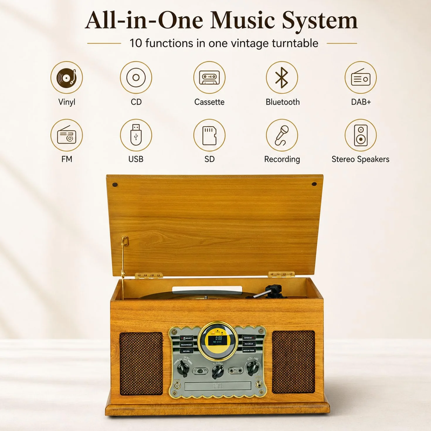 Gramofon 10 w 1 z Bluetooth, odtwarzacz CD i kasetowy, radio DAB+/FM, nagrywanie USB/SD-MP3 i głośniki stereo