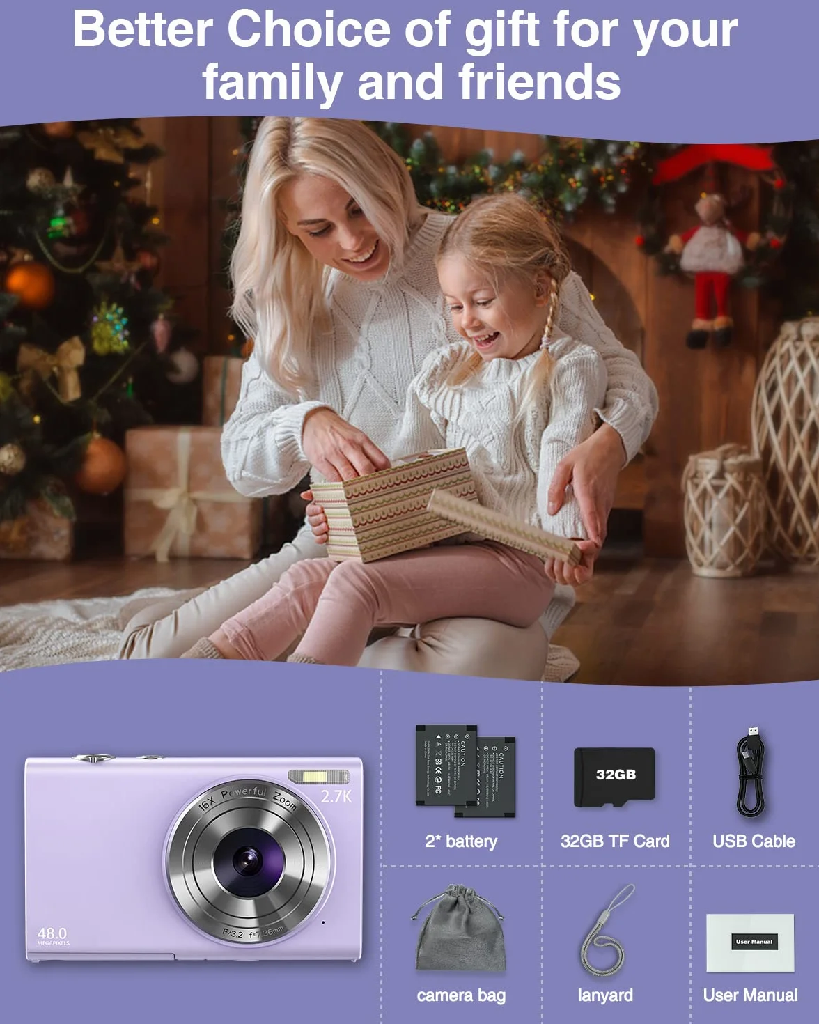 Aparat cyfrowy, kompaktowy aparat z autofokusem 1520p, FHD, 48 MP, kamera do vlogowania z ekranem 2,8 cala, karta pamięci 32 GB, 16-krotny zoom cyfrowy, przenośna mini kamera dla dzieci, nastolatków,