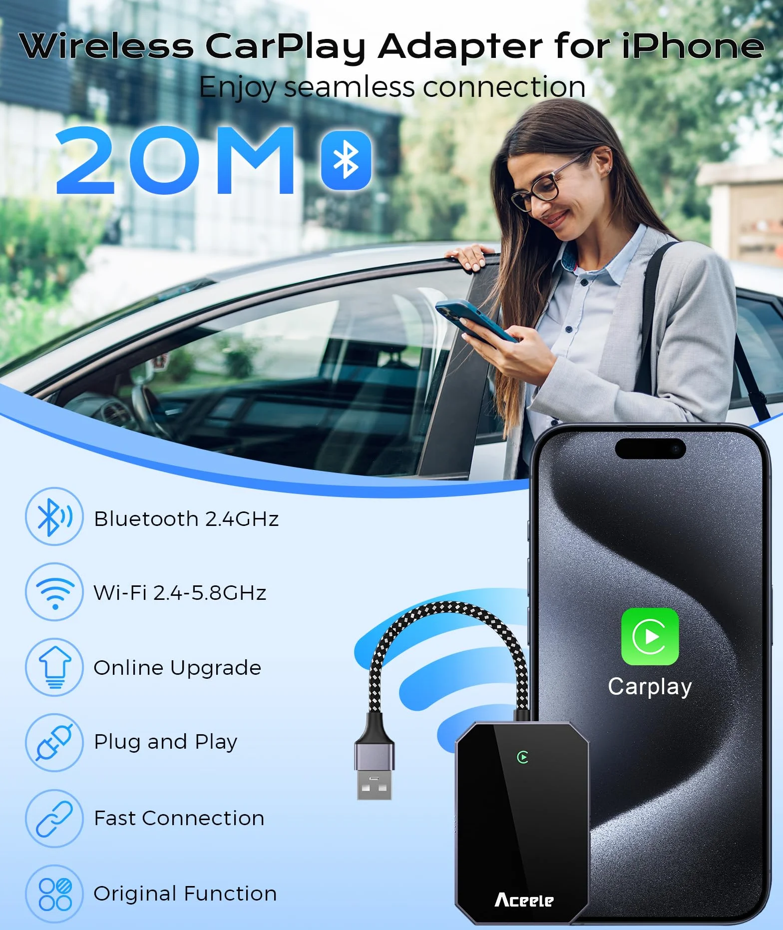 Aceele CarPlay bezprzewodowy adapter do Apple iPhone iOS 10+, USB C/A Car Play, adapter Plug and Play, Mini CarPlay pendrive USB do samochodów od 2016 roku (nie jest obsługiwany przez Android)