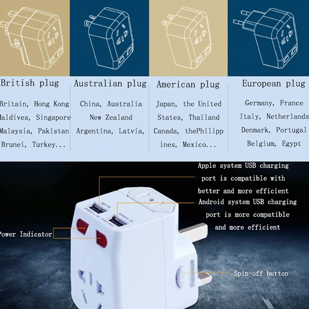 Uniwersalny adapter podróży, Ultra Compact Bezpieczna uziemiona idealna do telefonów komórkowych, laptopów, ładowarek aparatu, z 2 Usb.